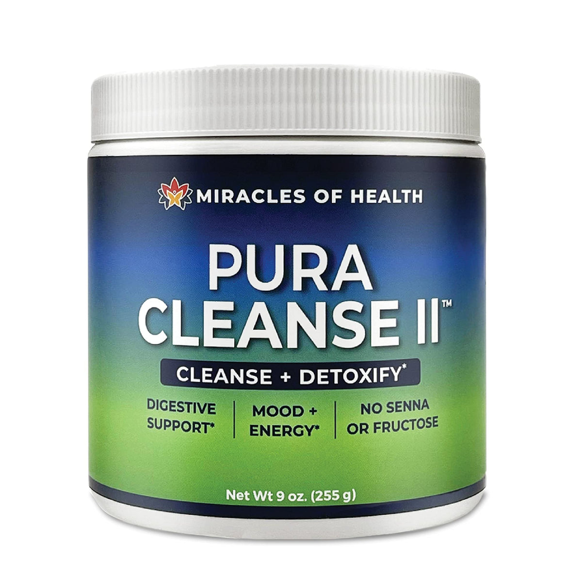 Miracles of Health Pura Cleanse II bottle for daily gentle colon detox.