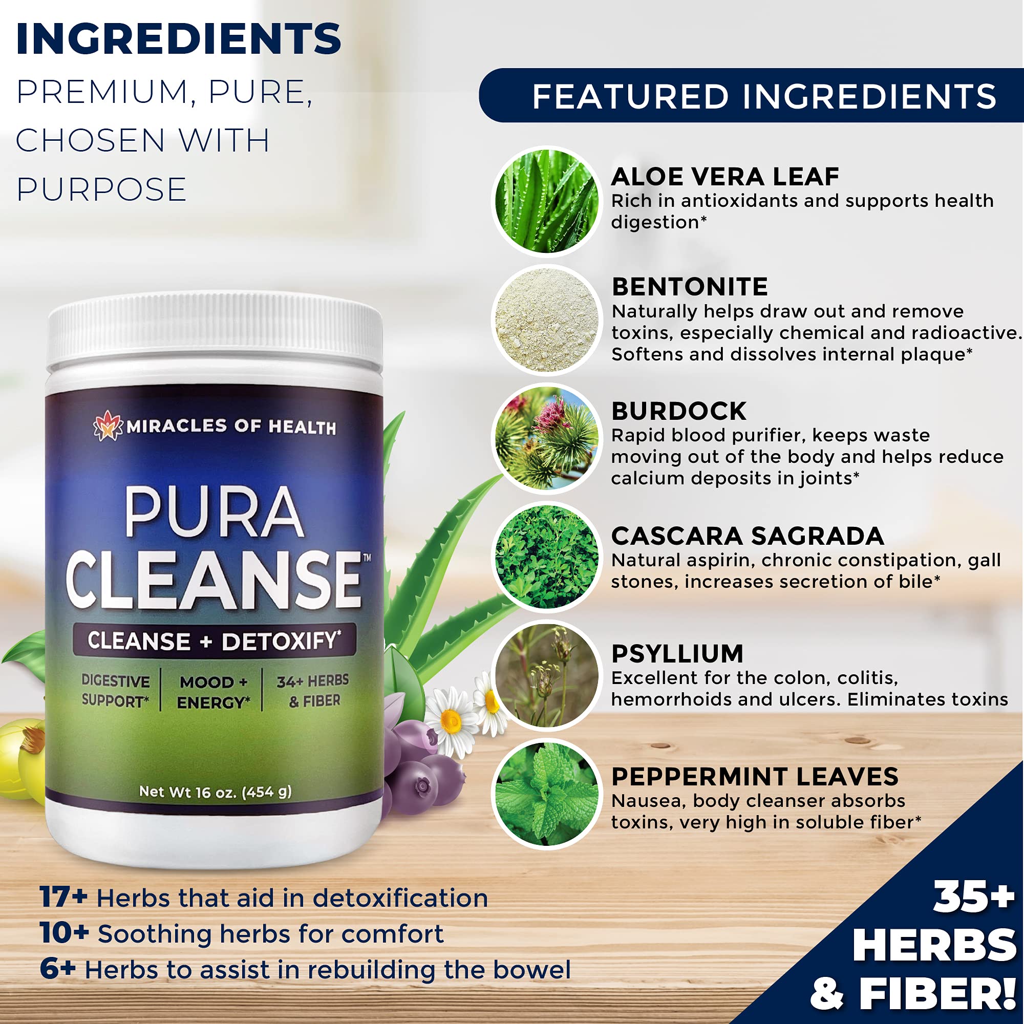 Label highlights 34 premium herbs in Pura Cleanse