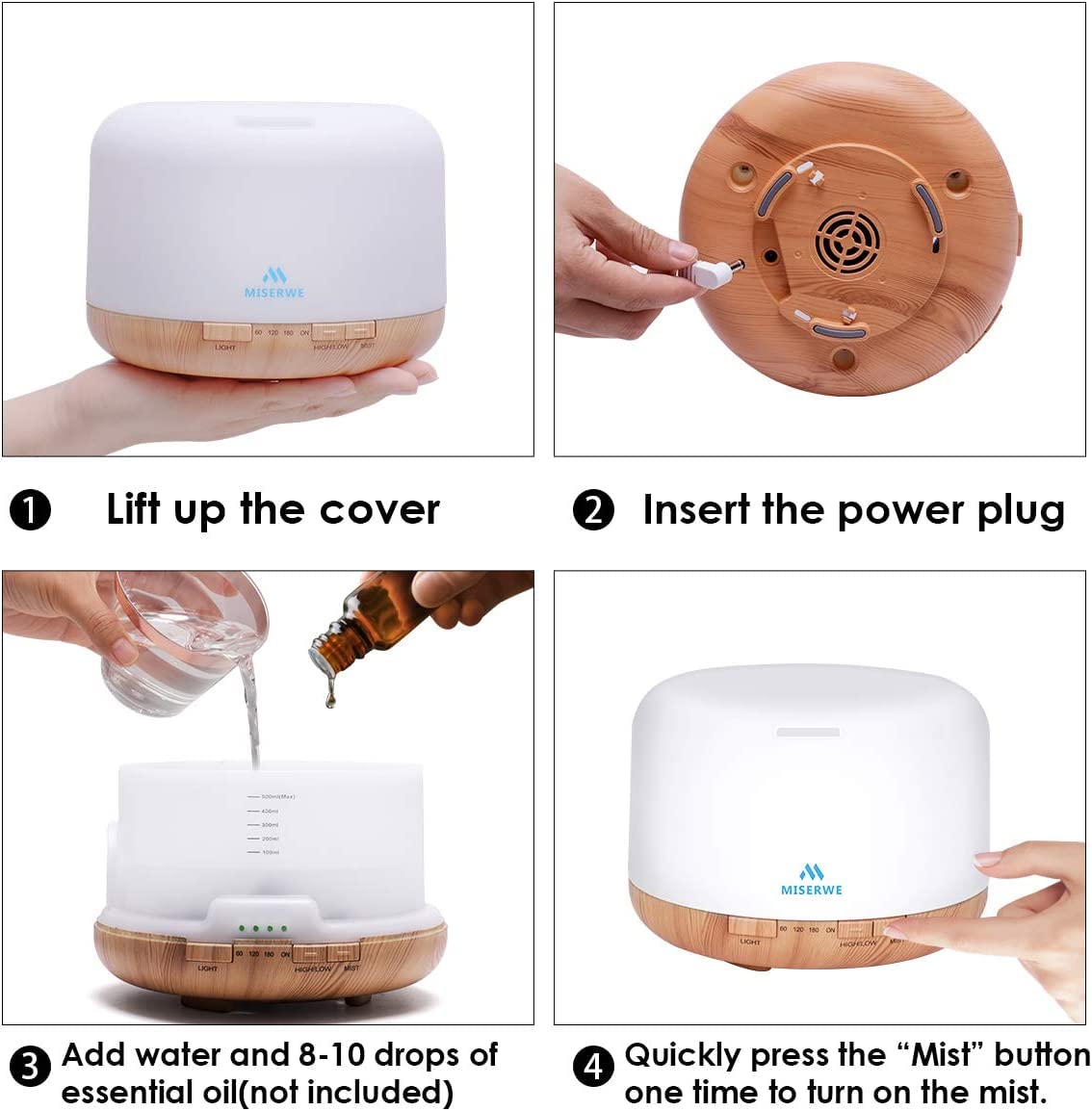 MISERWE diffuser with 7-color LED lights for ambient mood