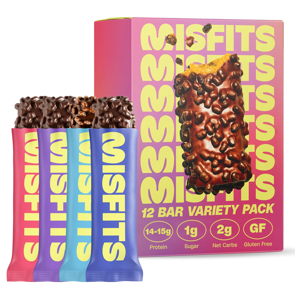 Misfits protein bar variety pack with triple-layer chocolate coating for post-workout satisfaction.