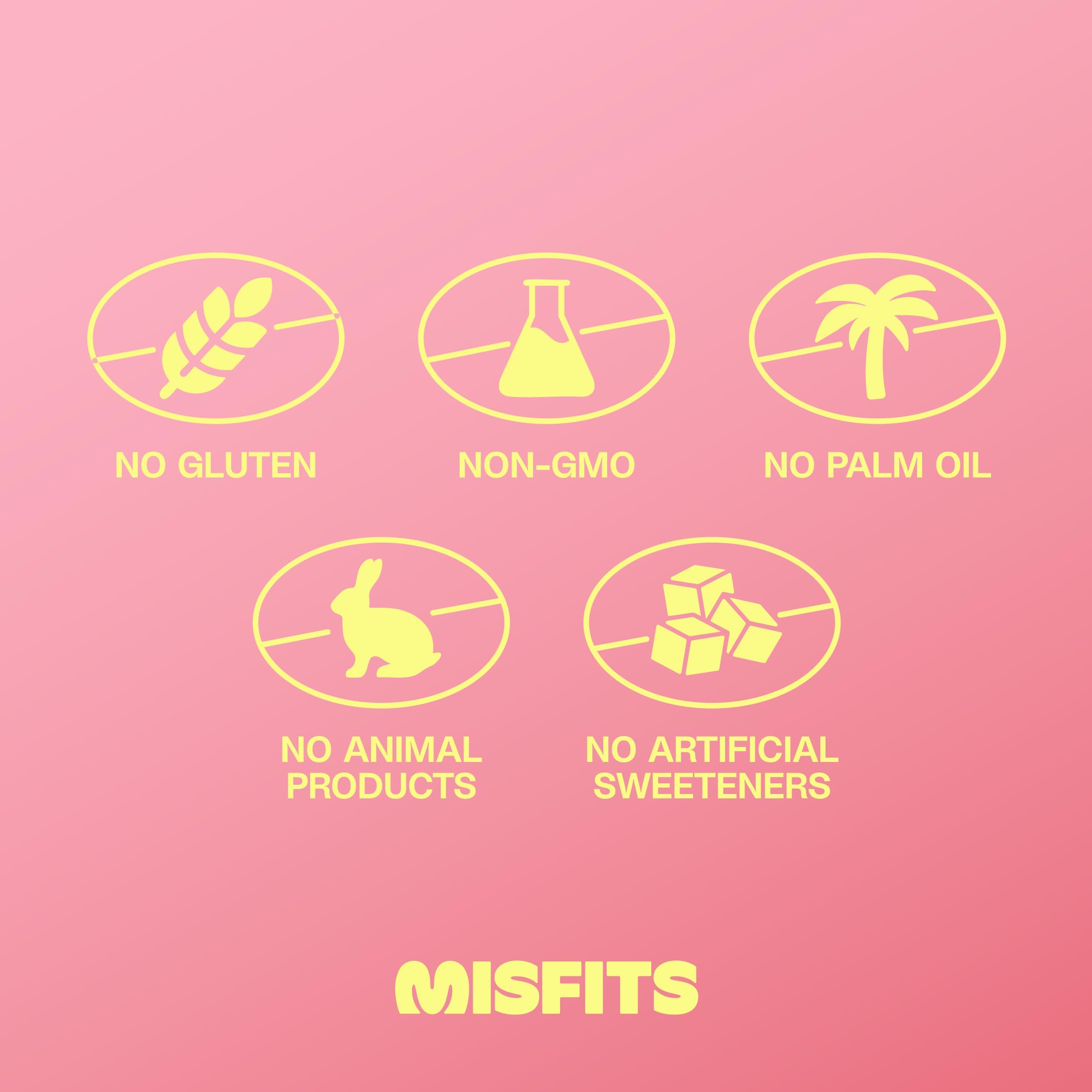 Misfits Speculoos bar ingredients graphic highlights vegan protein and gluten-free content.