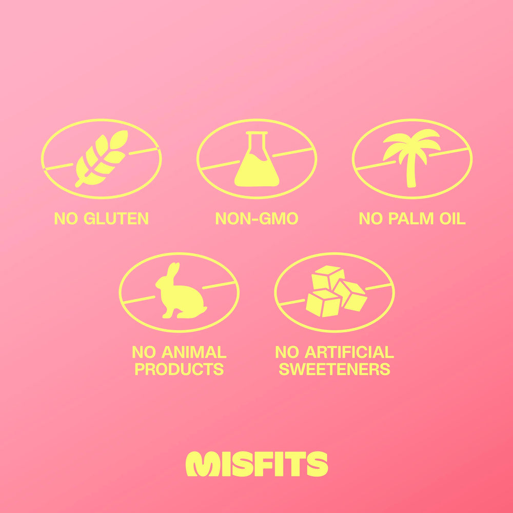 Misfits Speculoos bar ingredients graphic highlights vegan protein and gluten-free content.