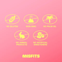 Misfits Speculoos bar ingredients graphic highlights vegan protein and gluten-free content.