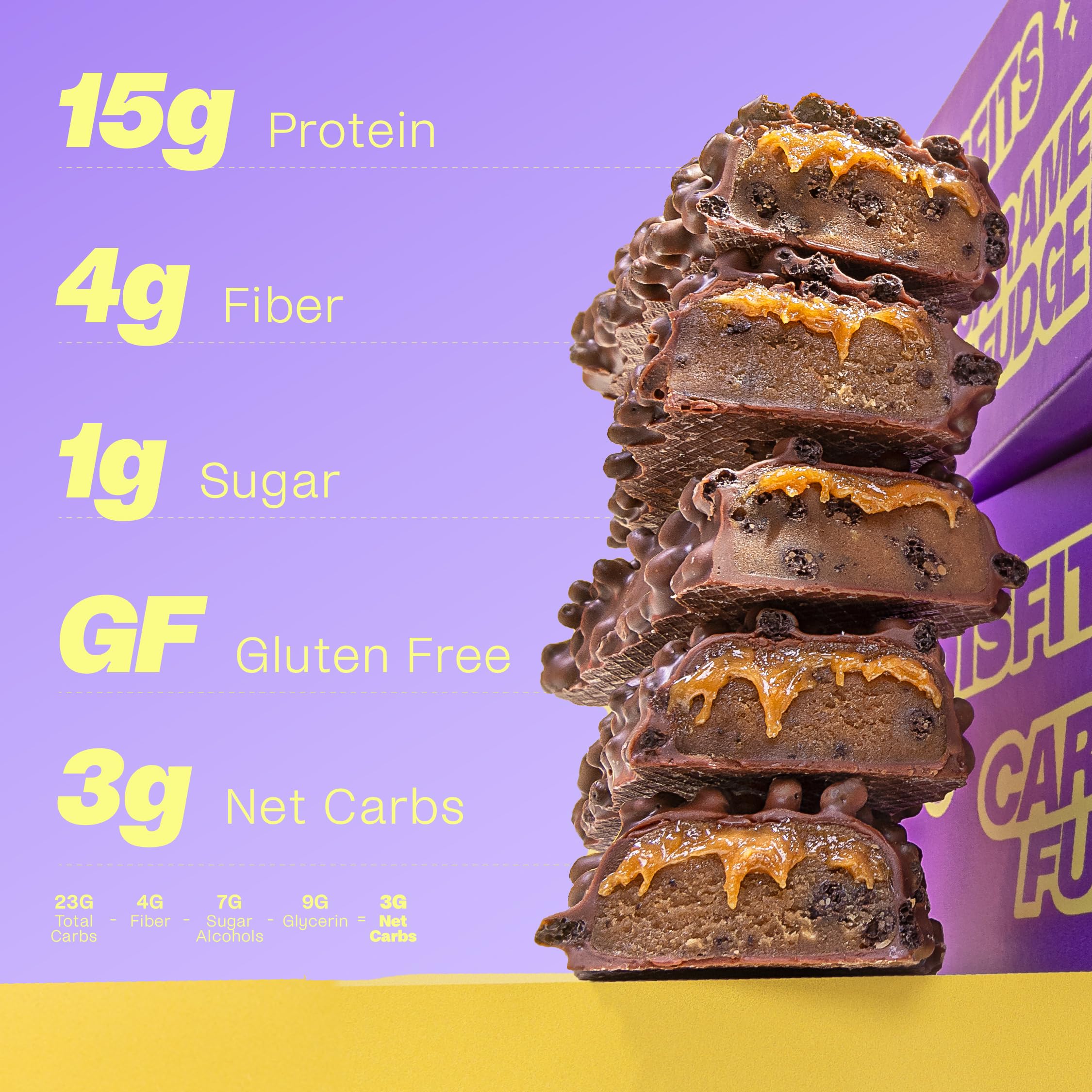 Misfits bar showing gooey caramel layer, indulgent flavor, gluten-free.