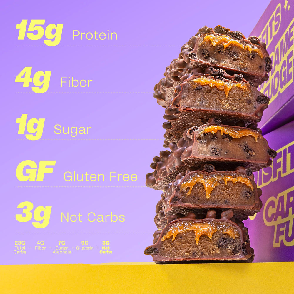 Misfits bar showing gooey caramel layer, indulgent flavor, gluten-free.