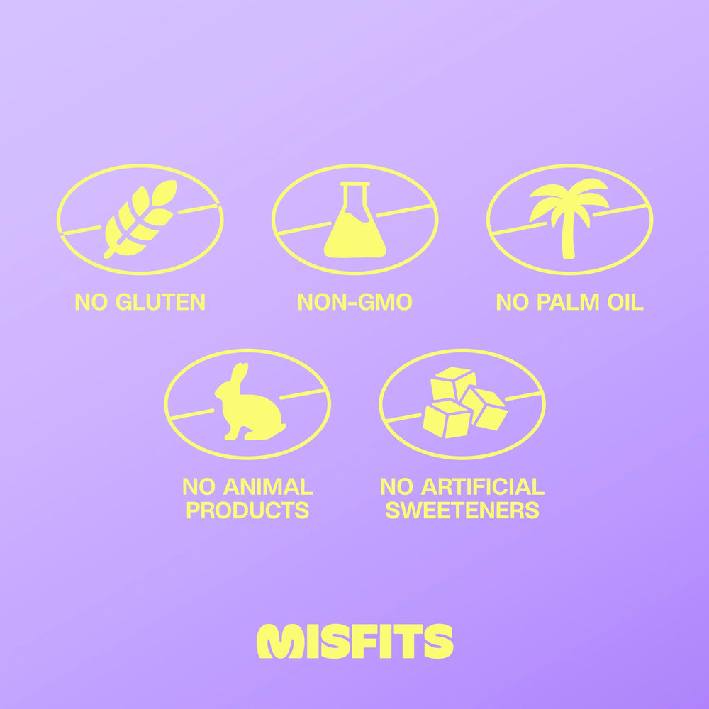 Misfits vegan protein bar on-the-go, crisp protein bites.