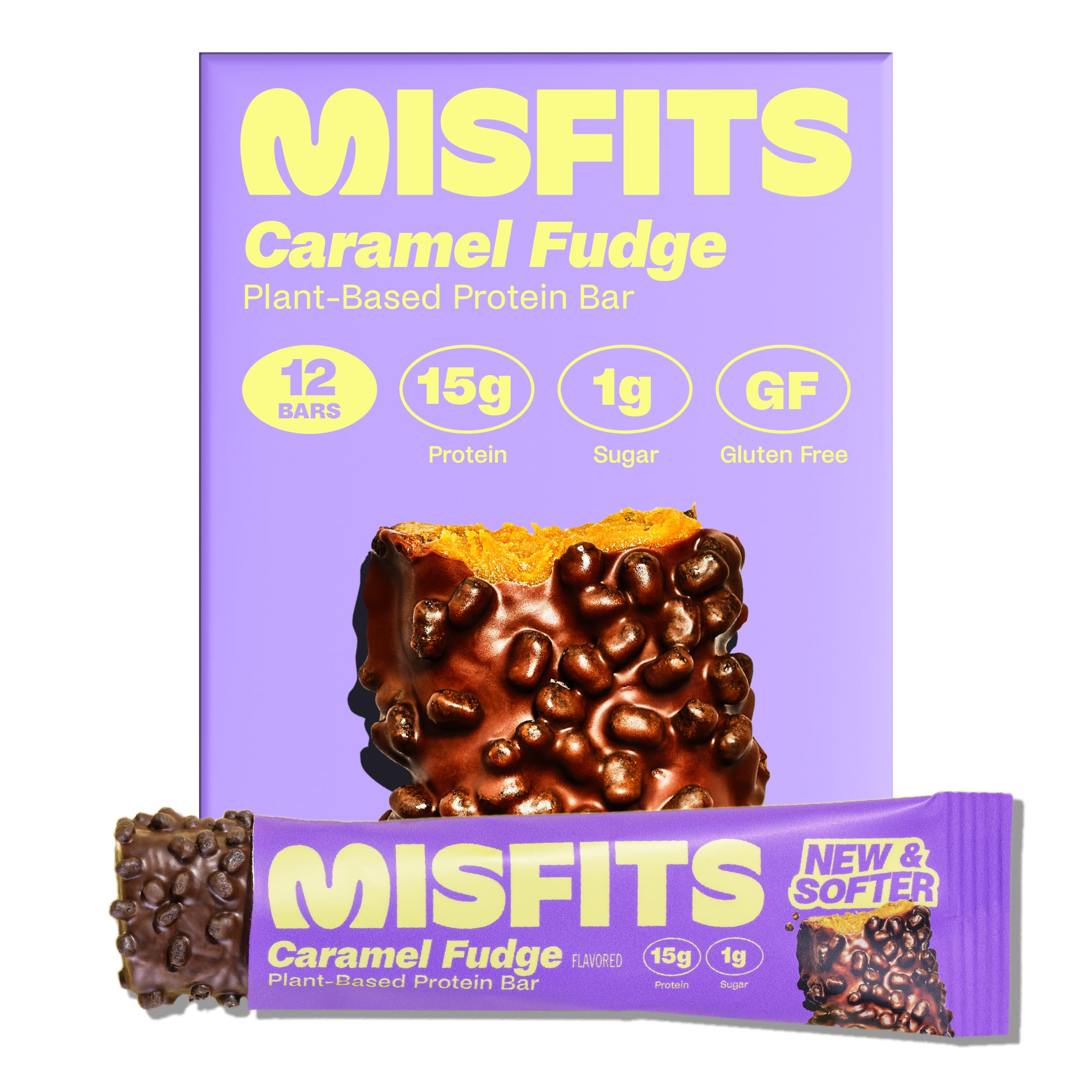Misfits Sweet Caramel Fudge vegan bar with caramel layer – high-protein snack.