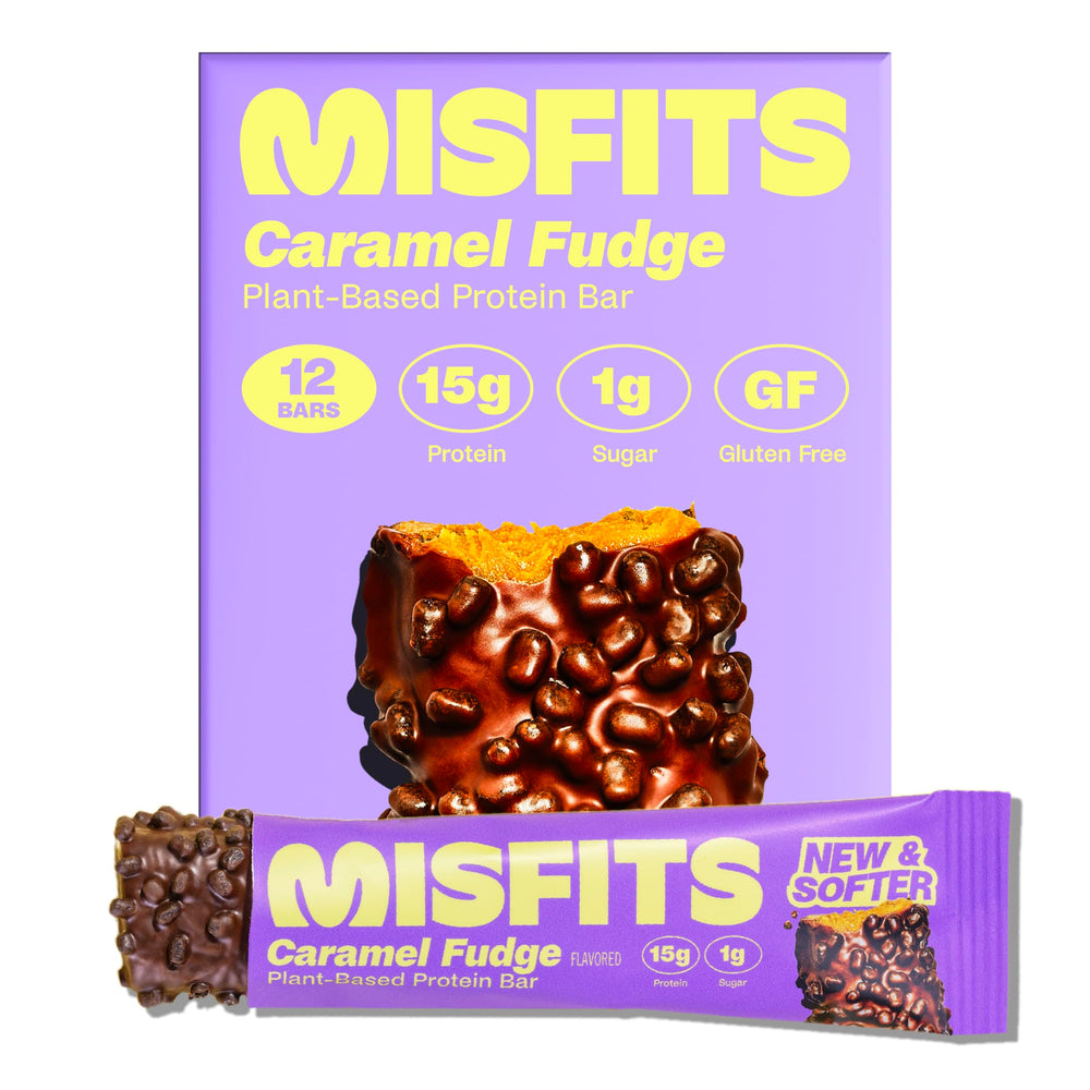 Misfits Sweet Caramel Fudge vegan bar with caramel layer – high-protein snack.