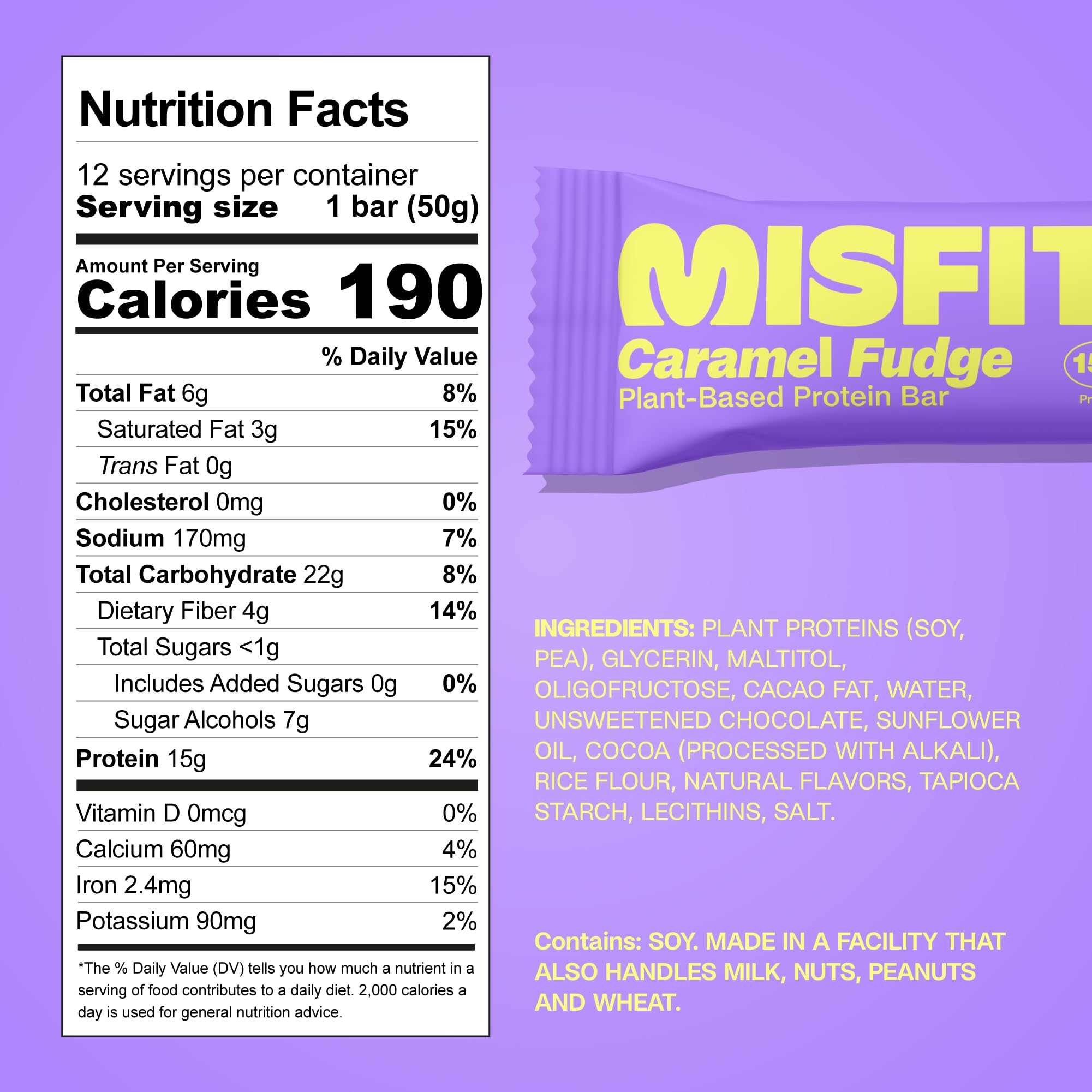 Misfits vegan bar texture close-up, fudgy center with protein crunch.