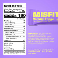 Misfits vegan bar texture close-up, fudgy center with protein crunch.