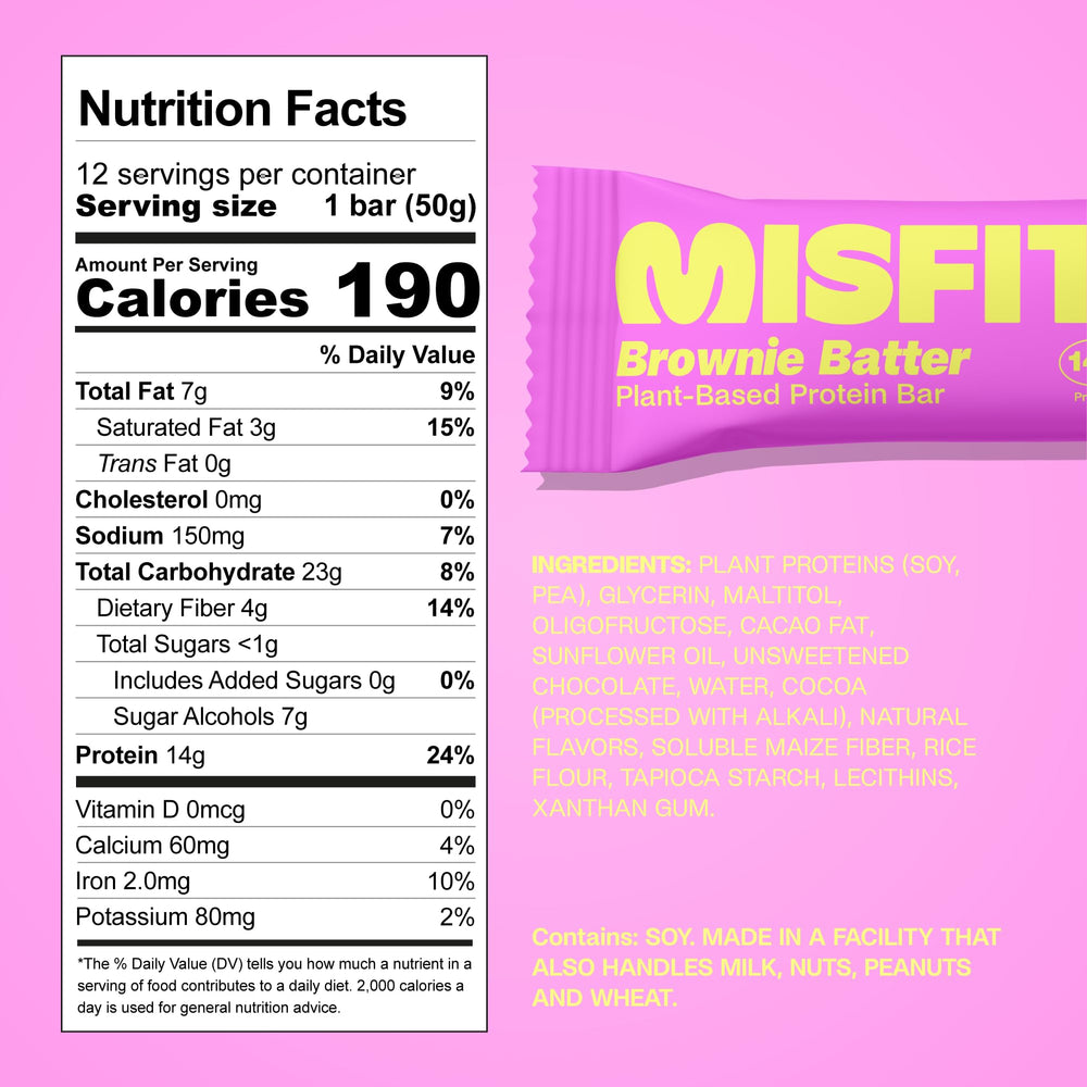 Misfits brownie batter bar with caramel layer for chewy indulgence