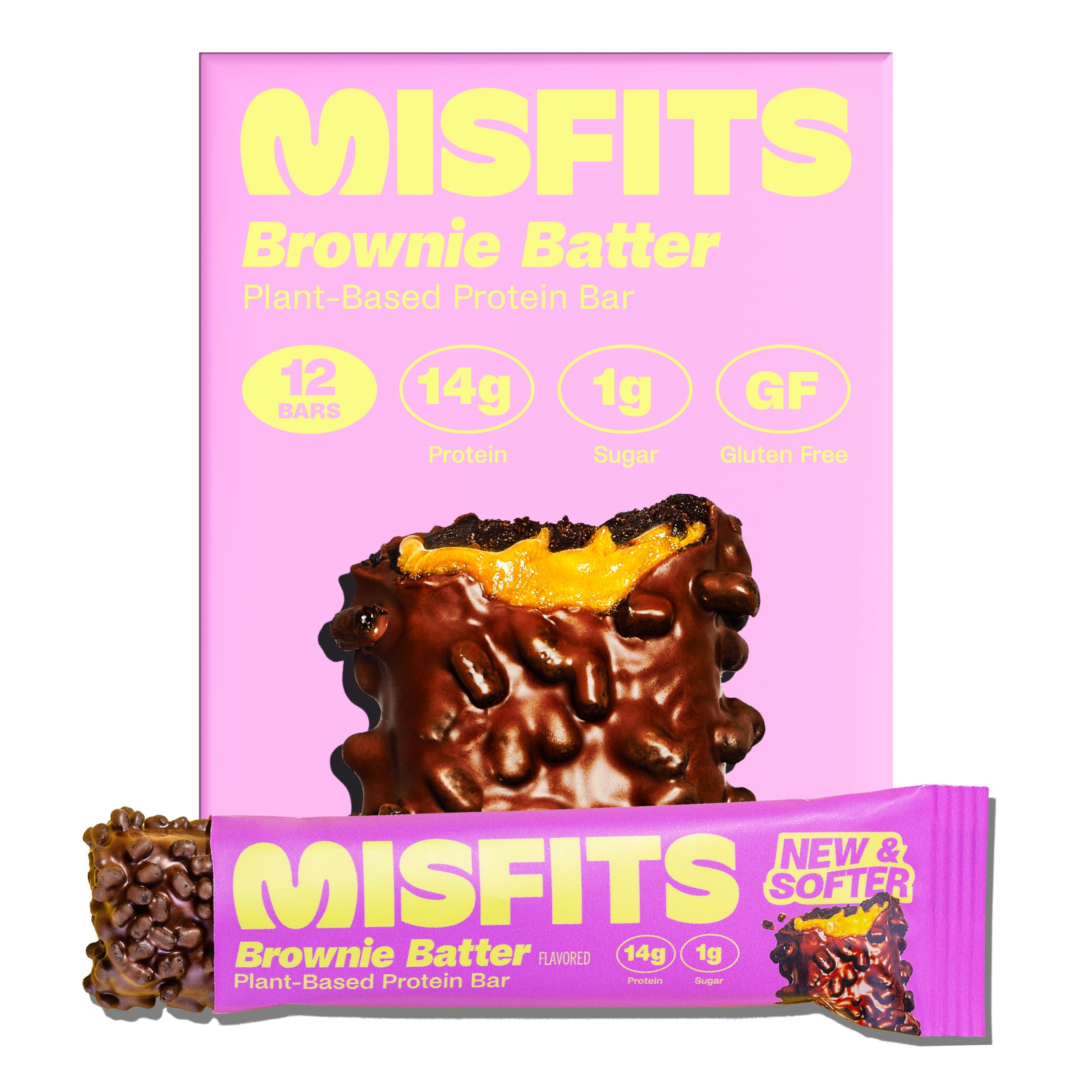 Misfits vegan protein bar with fudgy brownie center, protein-rich workout snack