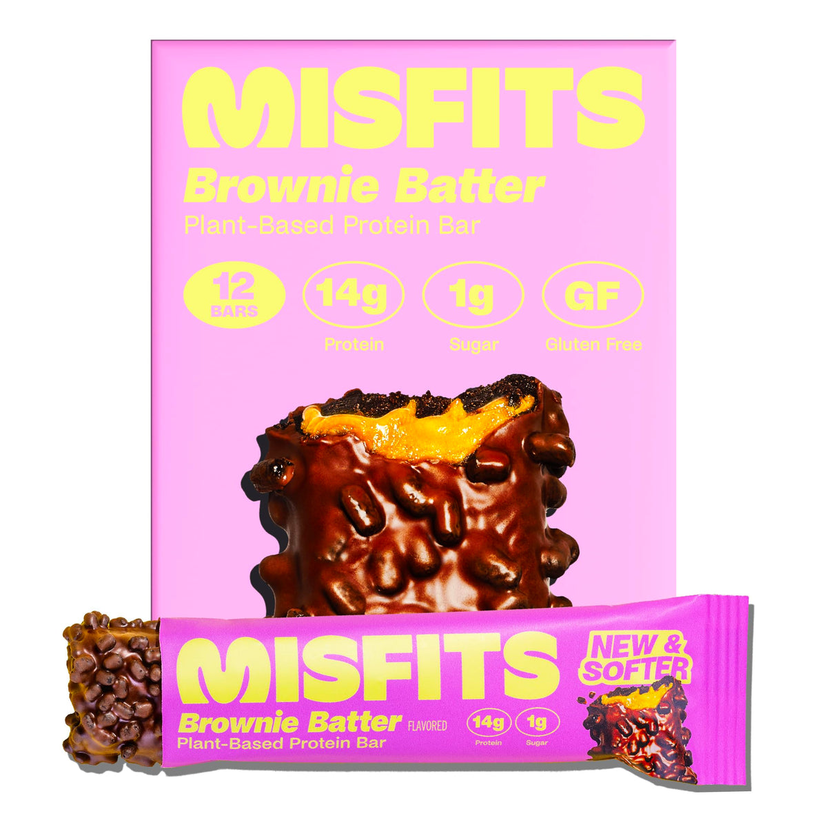 Misfits vegan protein bar with fudgy brownie center, protein-rich workout snack