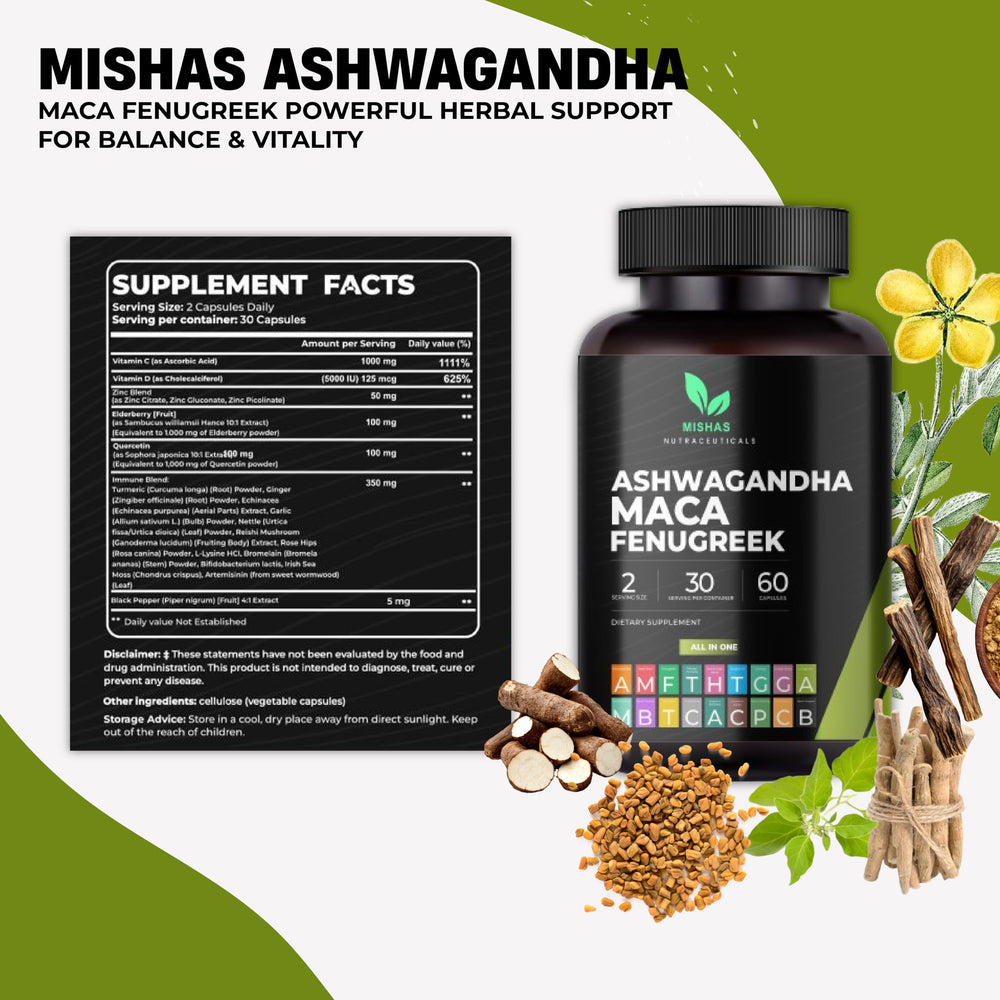 Mishas Maca and Fenugreek ingredients arranged for easy viewing.