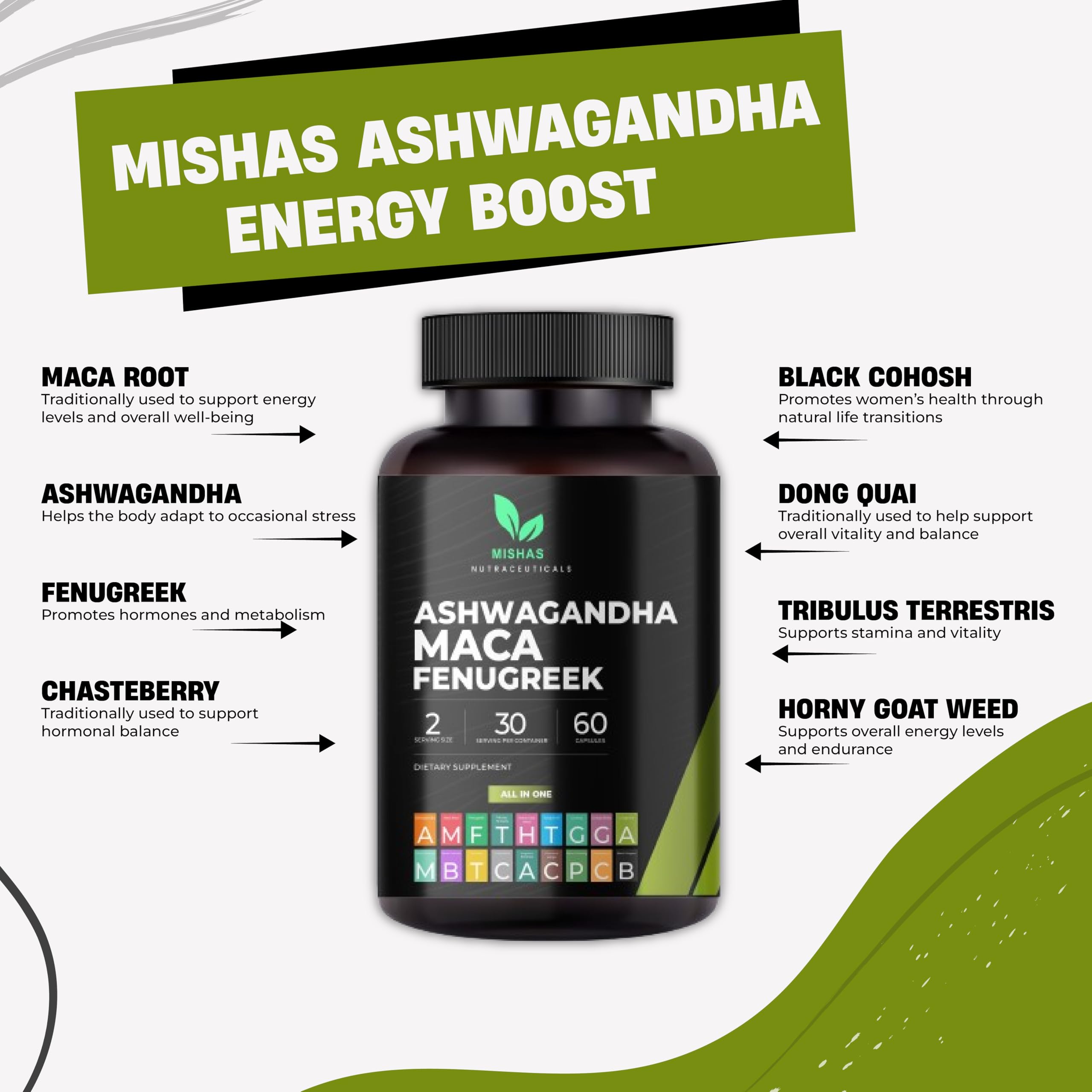 Mishas Ashwagandha Maca label close-up showing herbal blend.