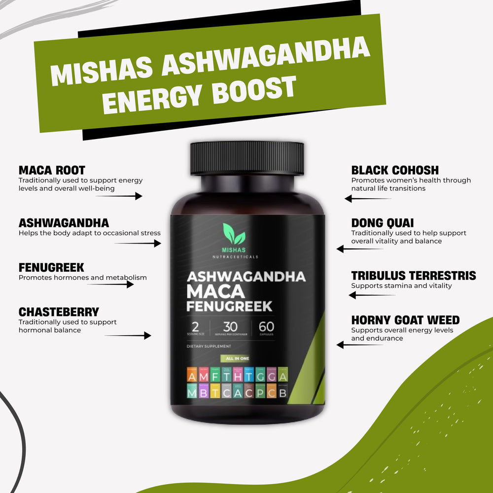 Mishas Ashwagandha Maca label close-up showing herbal blend.