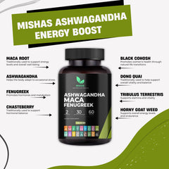 Mishas Ashwagandha Maca label close-up showing herbal blend.