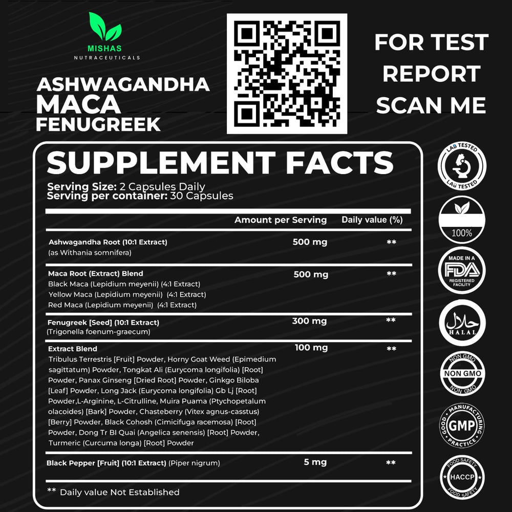 Close-up of Mishas Ashwagandha capsules for convenient daily wellness.