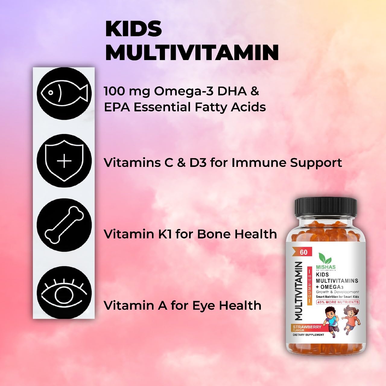 Lemon-flavored Mishas gummy for easy, tasty daily vitamin intake.