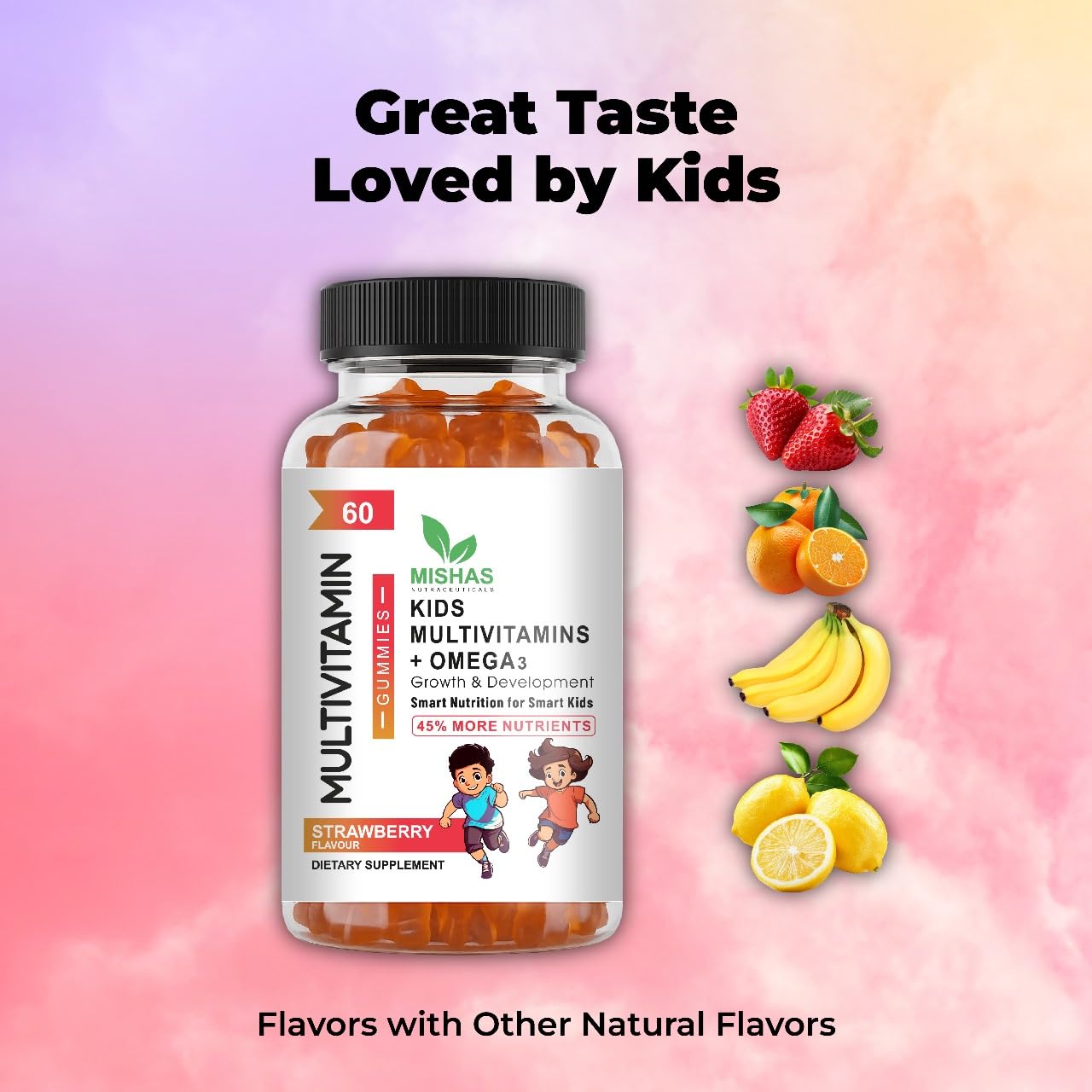 Orange-flavored Mishas gummy emphasizing omega-3 rich nutrition.
