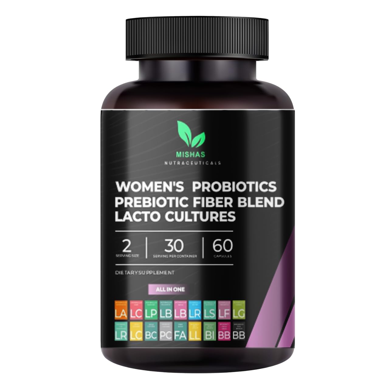 Mishas Probiotics for Women bottle on counter promotes daily gut balance
