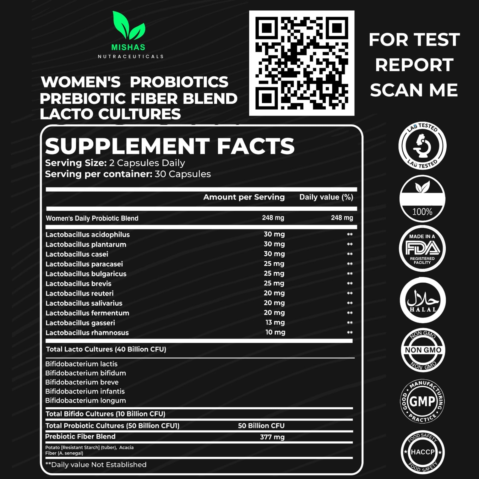 Mishas Probiotics label highlights 50B CFU and 16 strains