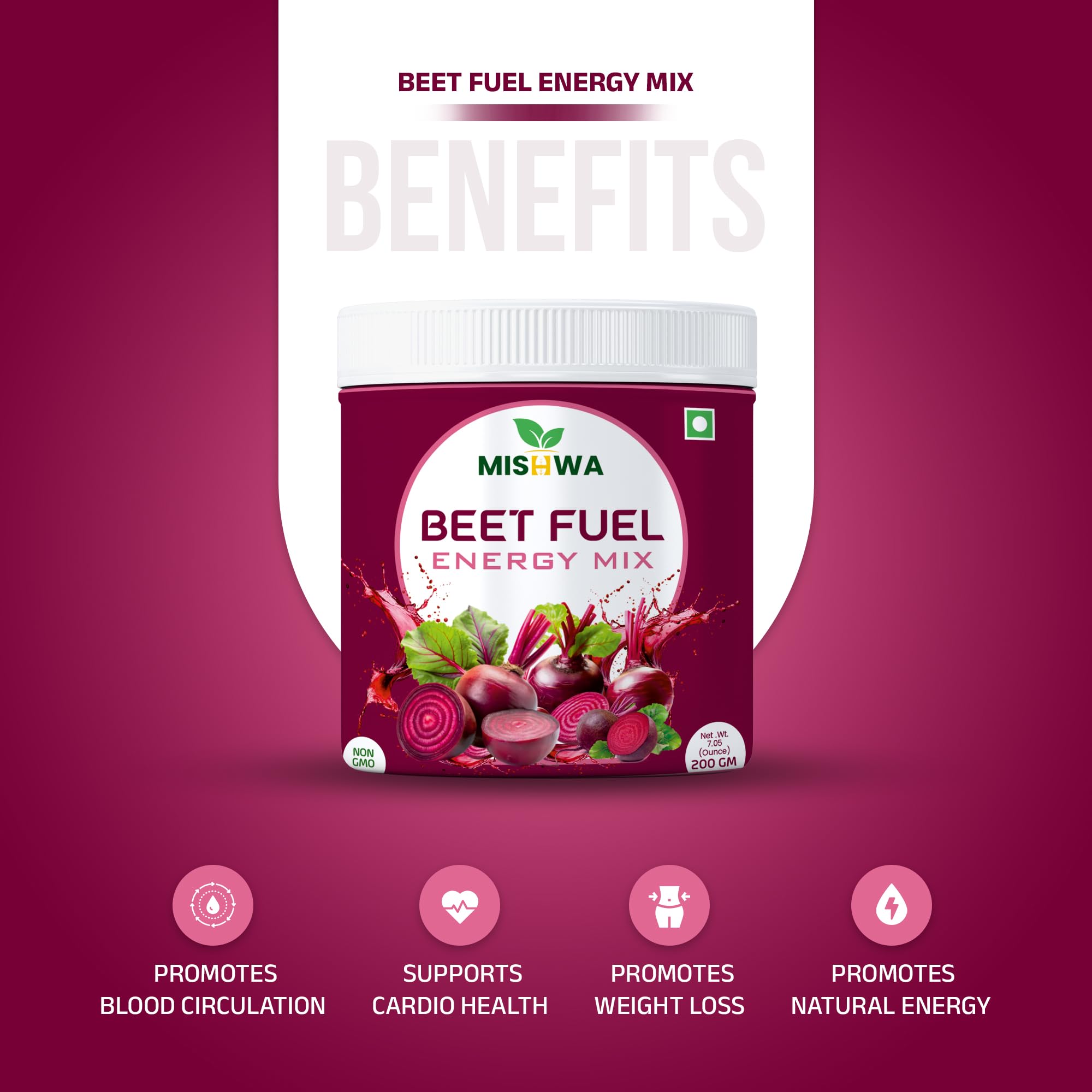 MISHWA Beetroot Powder jar open showing rich color and easy scoop.