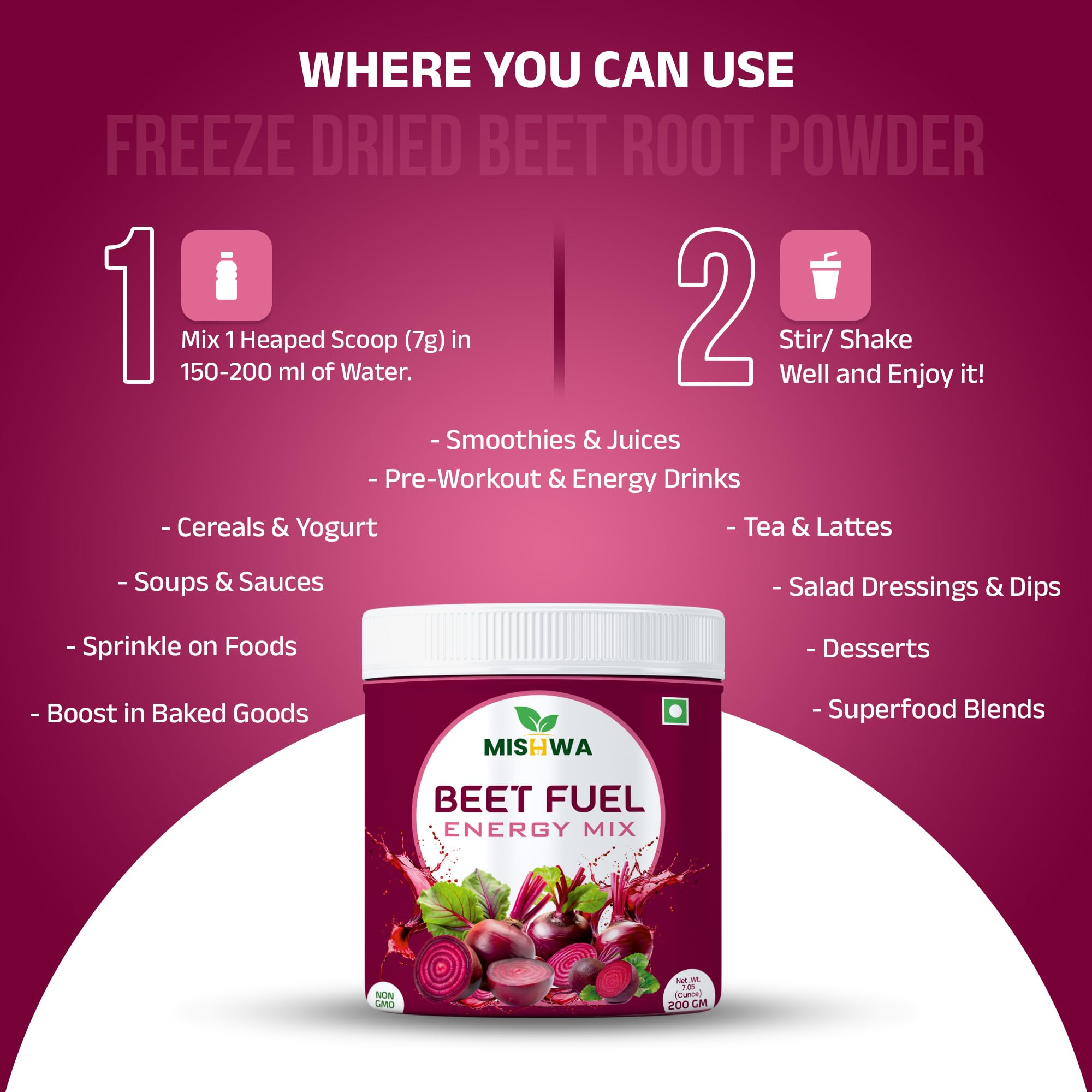 MISHWA Beetroot Powder 7 g scoop in use for daily servings.