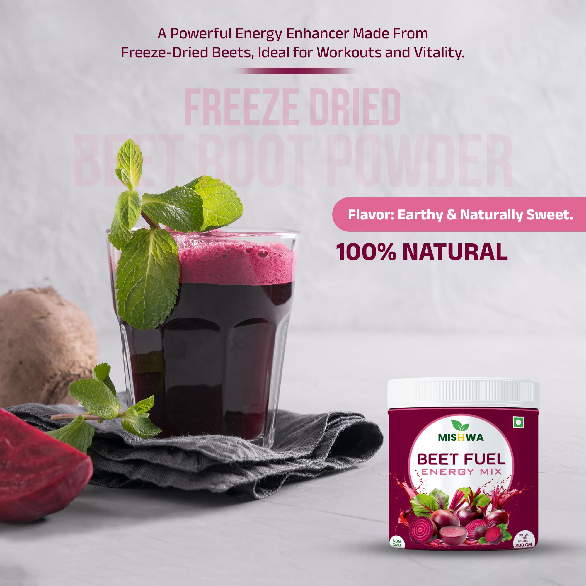 MISHWA Beetroot Powder added to smoothie for natural energy.