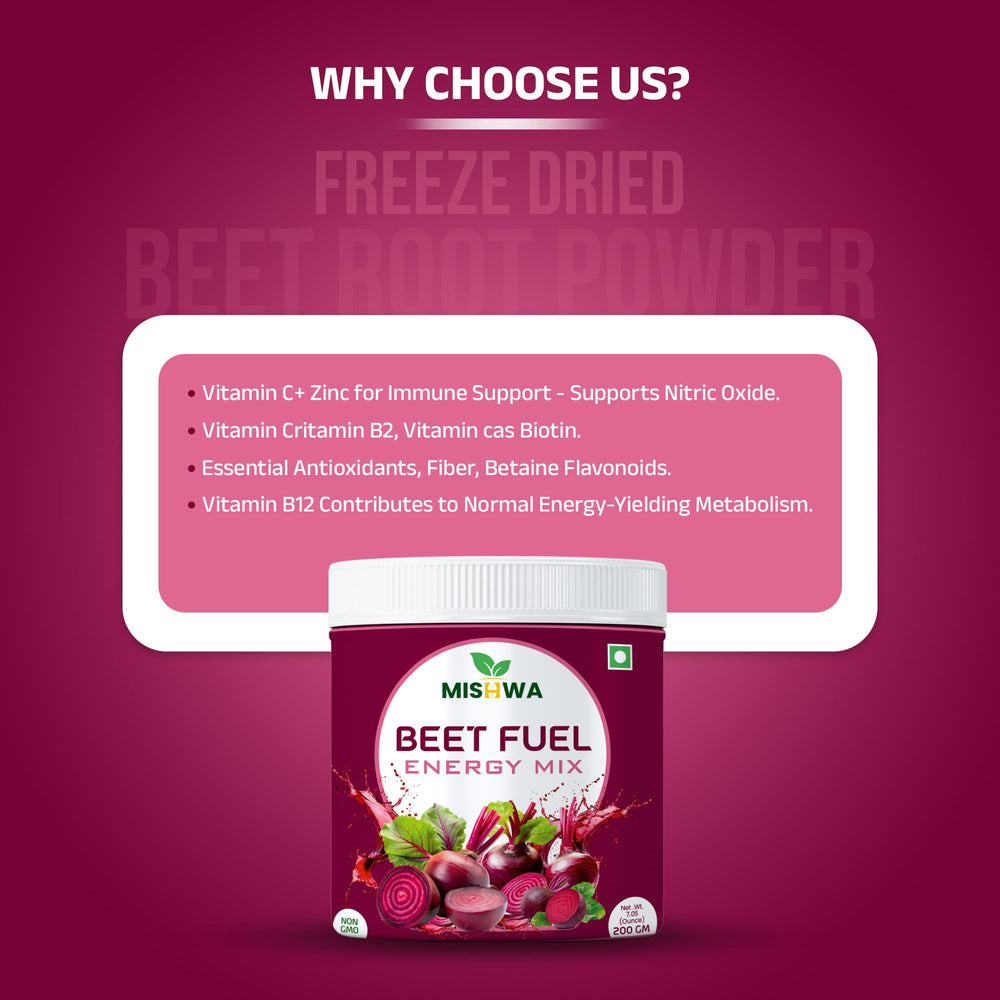 MISHWA Beetroot Powder stirred in water yields ruby drink.