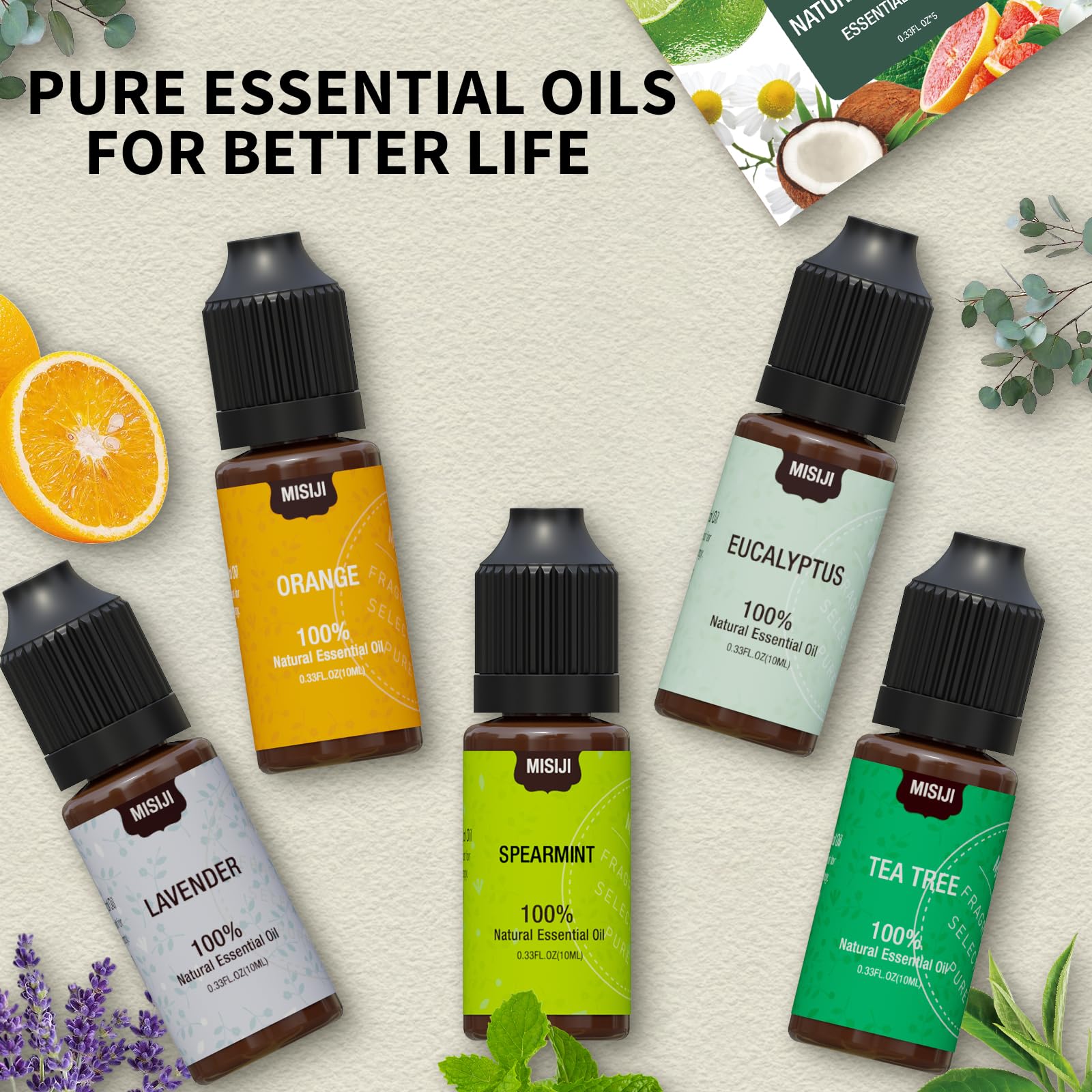MISIJI spearmint essential oil bottle for refreshing diffusers.
