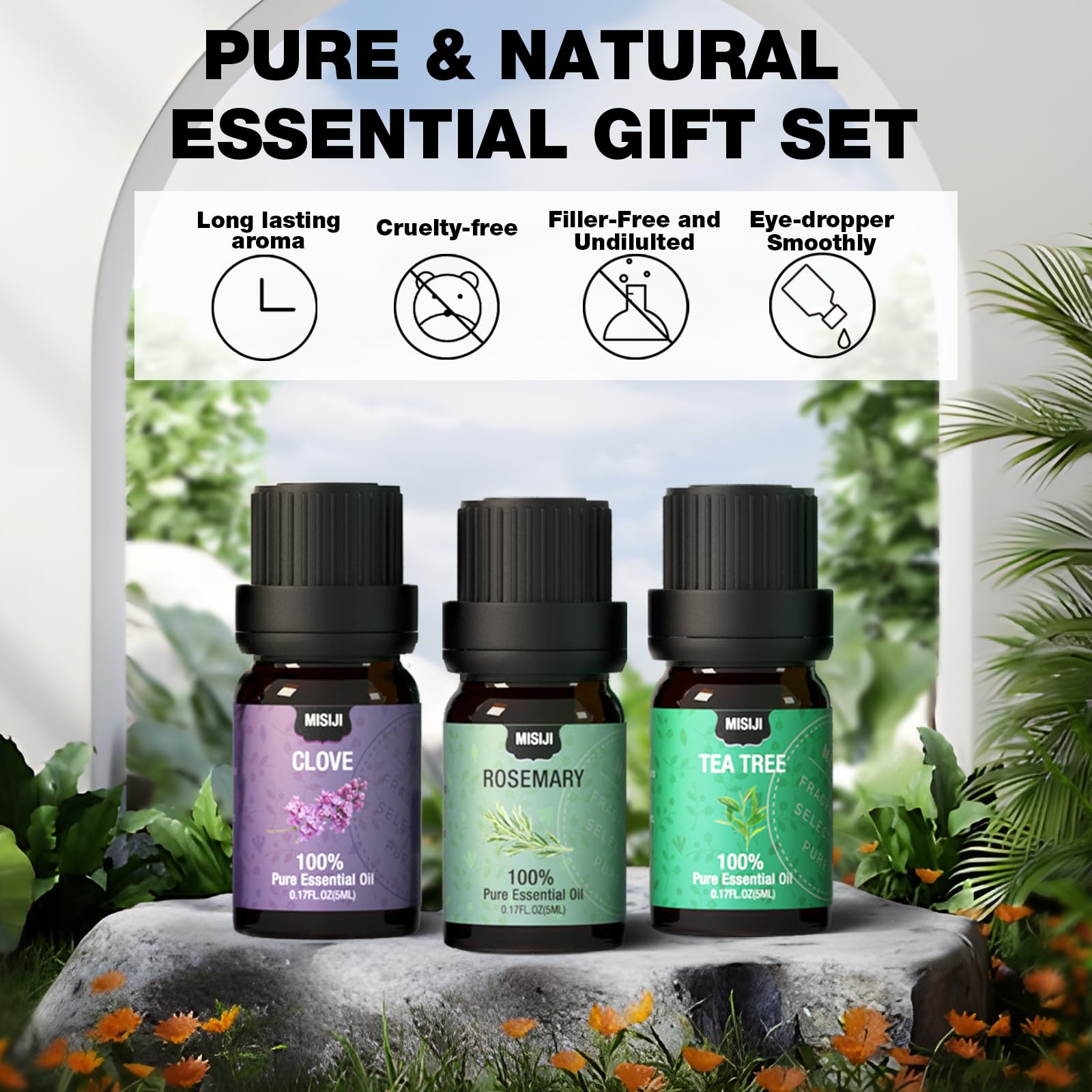 MISIJI essential oils set close-up label highlights quality and pure ingredients