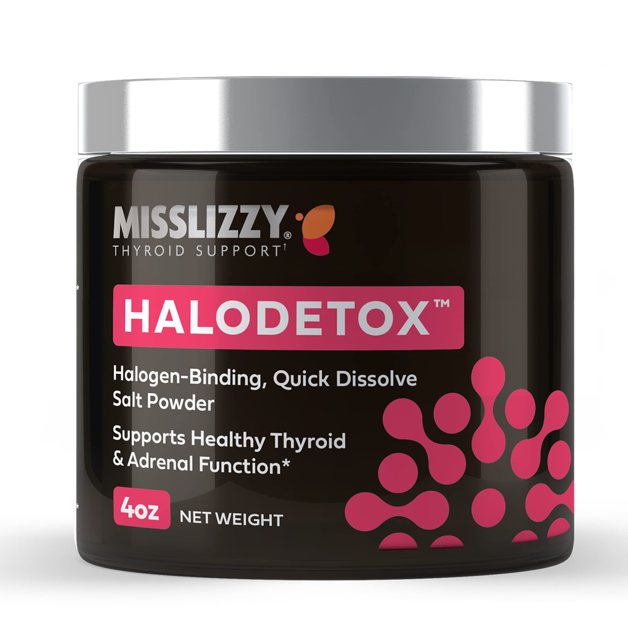 Miss Lizzy HaloDetox pink salt powder close-up, showing natural mineral-rich texture for detox support.