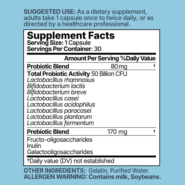 30-day supply visual reinforces consistent daily probiotic routine.