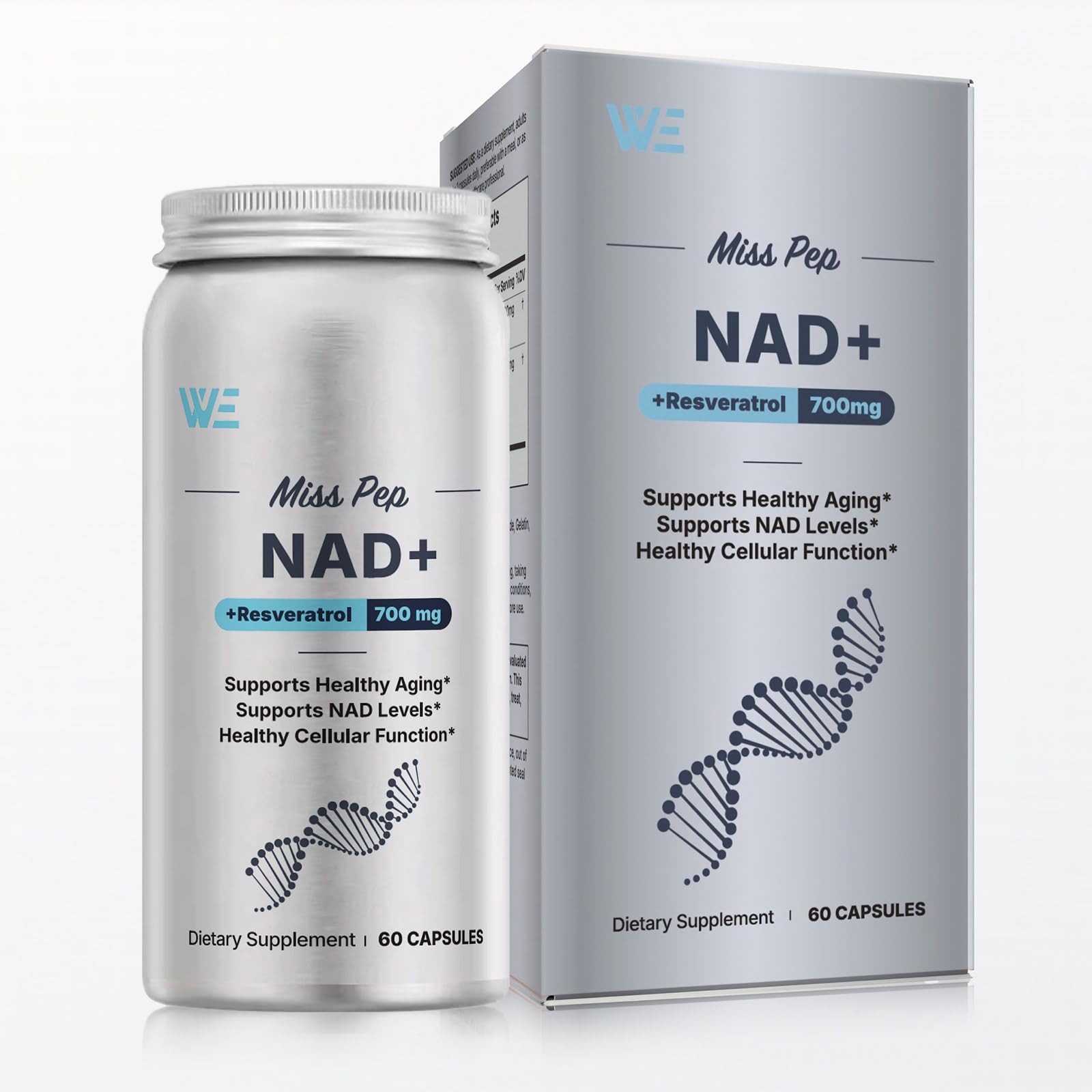MISS PEP NAD+ bottle closeup showing easy-to-swallow capsules for daily vitality
