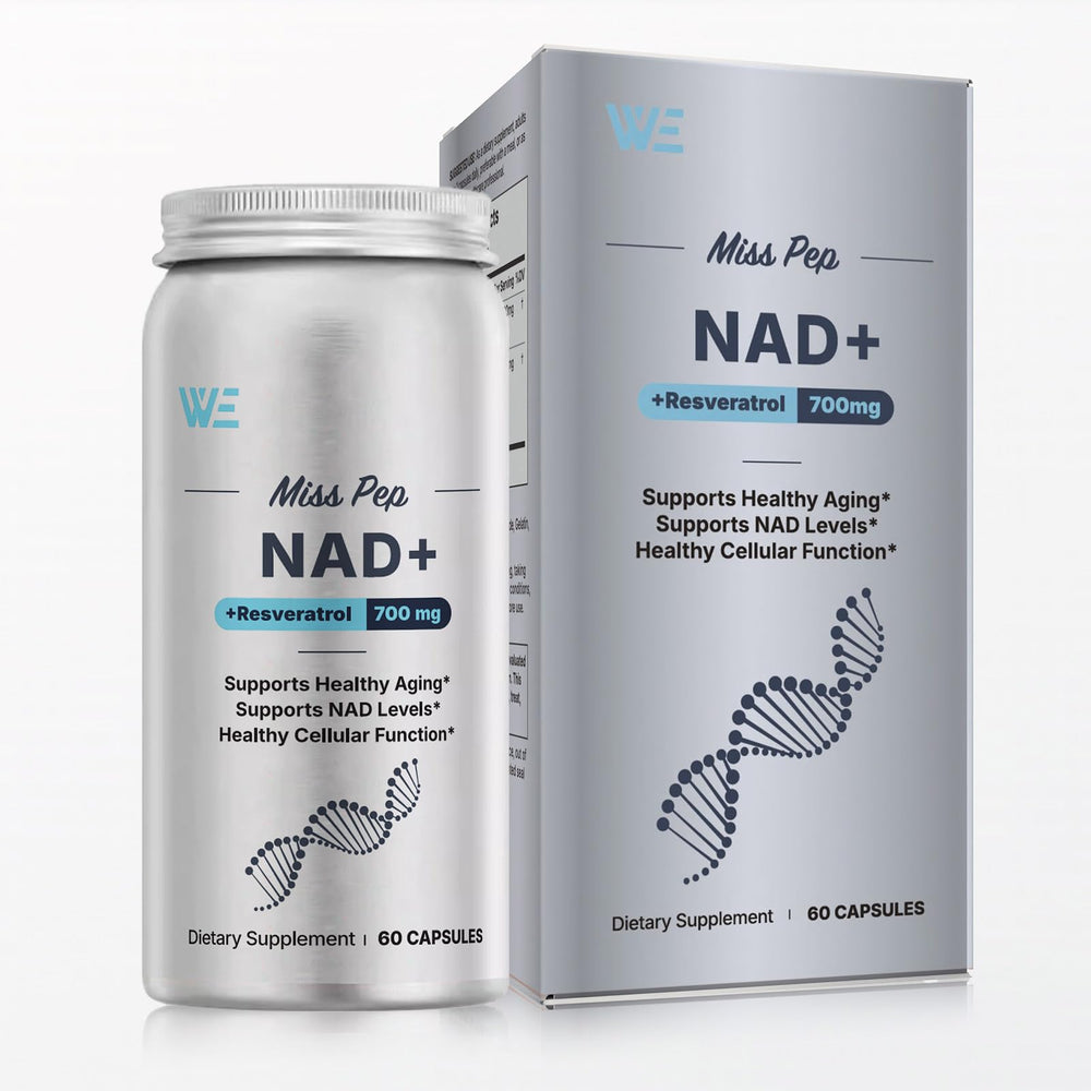 MISS PEP NAD+ bottle closeup showing easy-to-swallow capsules for daily vitality