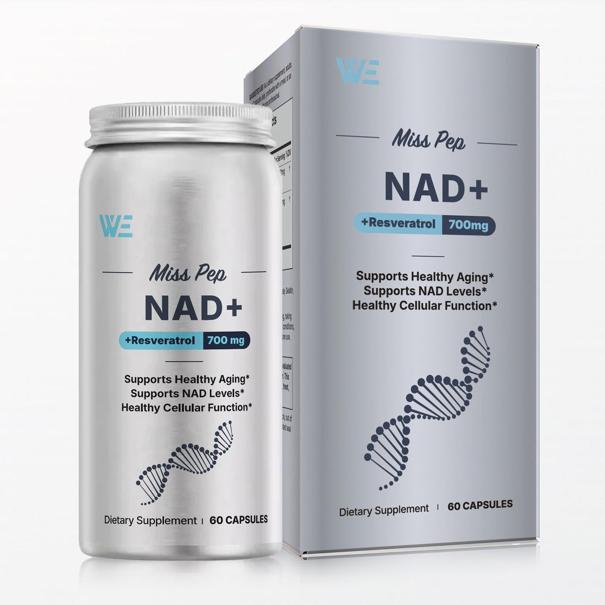 MISS PEP NAD+ bottle closeup showing easy-to-swallow capsules for daily vitality