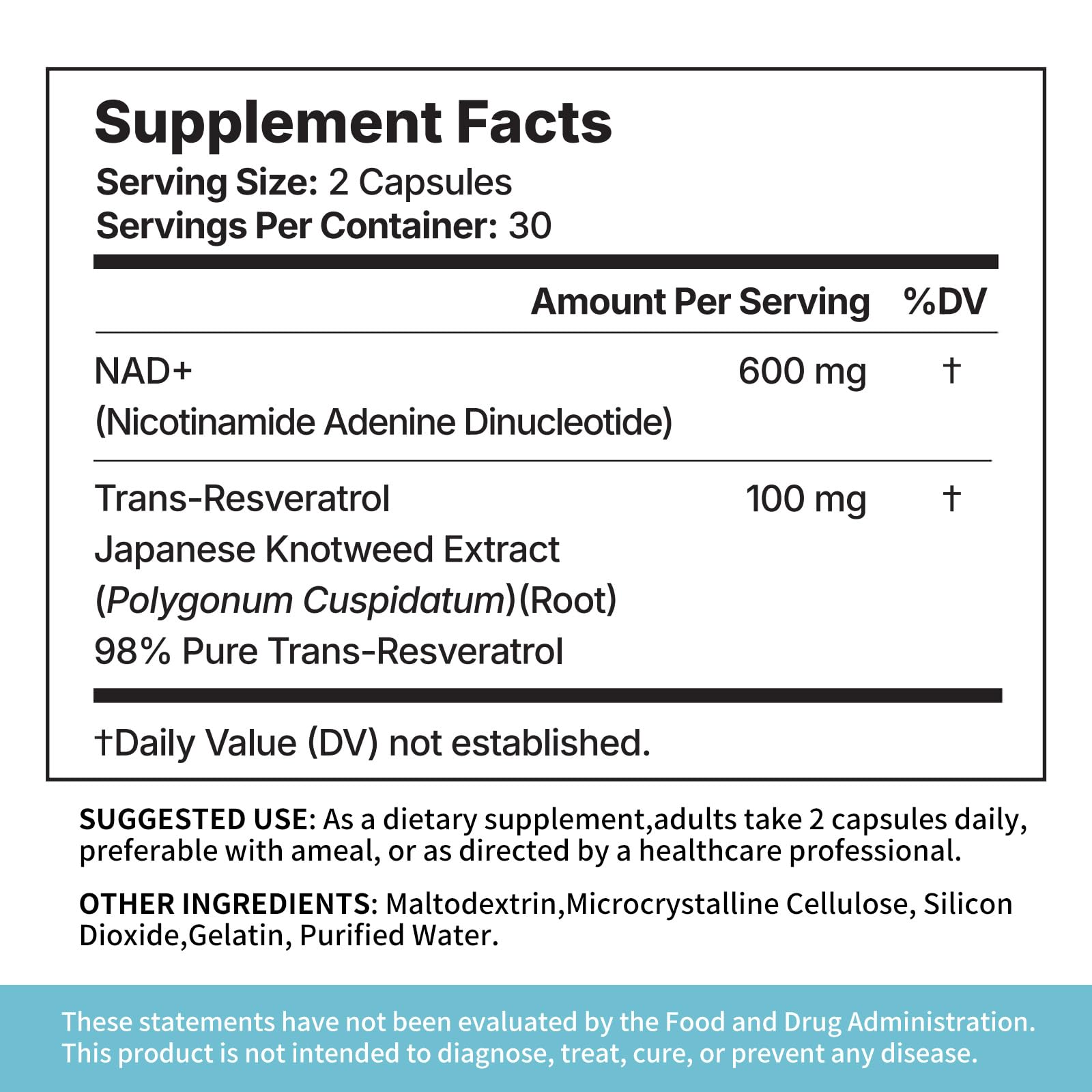 MISS PEP NAD+ ingredient highlights with NR 600 mg and resveratrol 100 mg