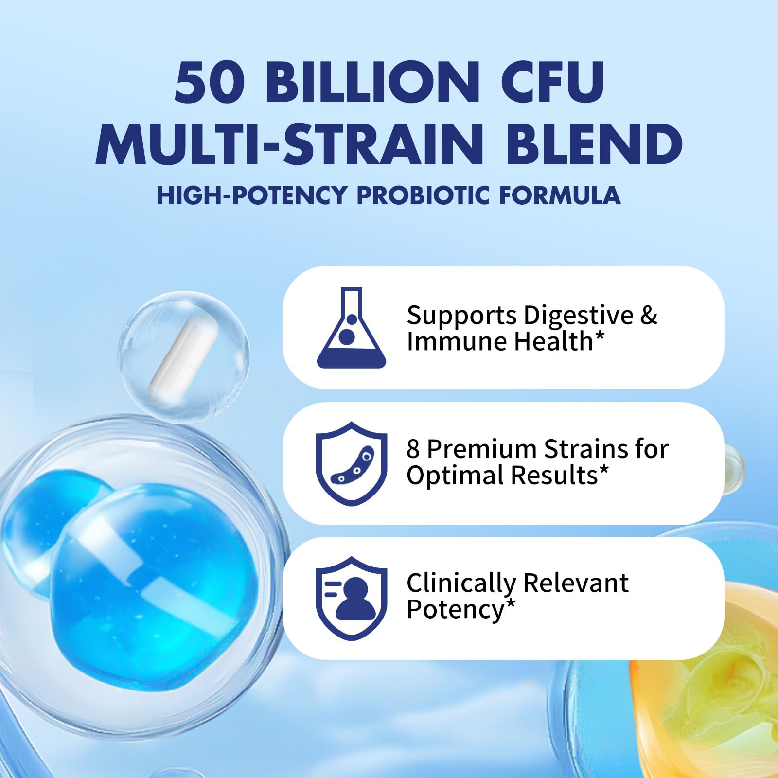 Eight strains chart showcases diverse probiotic benefits for gut balance.