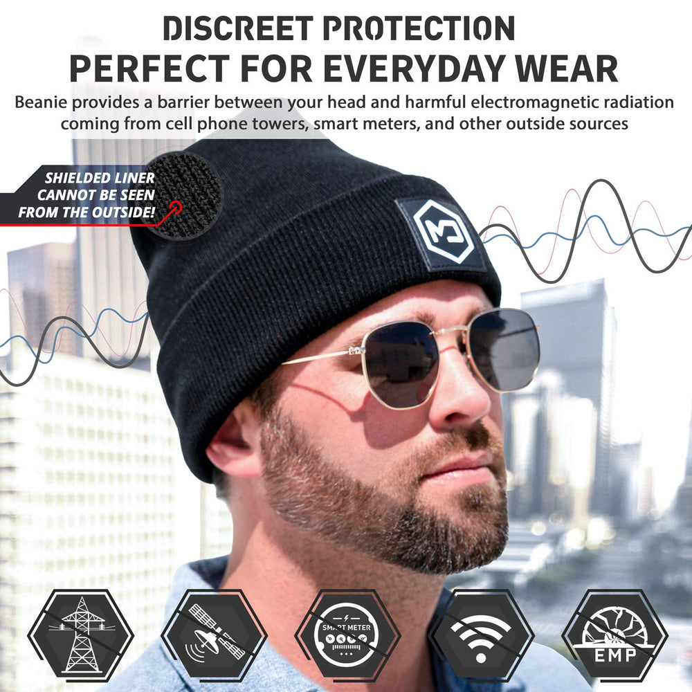 Mission Darkness EMF Blackout Beanie side angle showing flexible fit for travel.