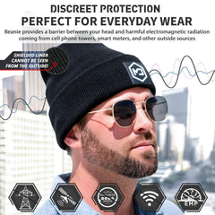 Mission Darkness EMF Blackout Beanie side angle showing flexible fit for travel.