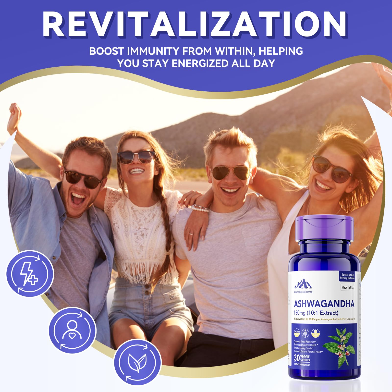Mission Hill Foods Ashwagandha product emphasizing calm energy and mood balance.