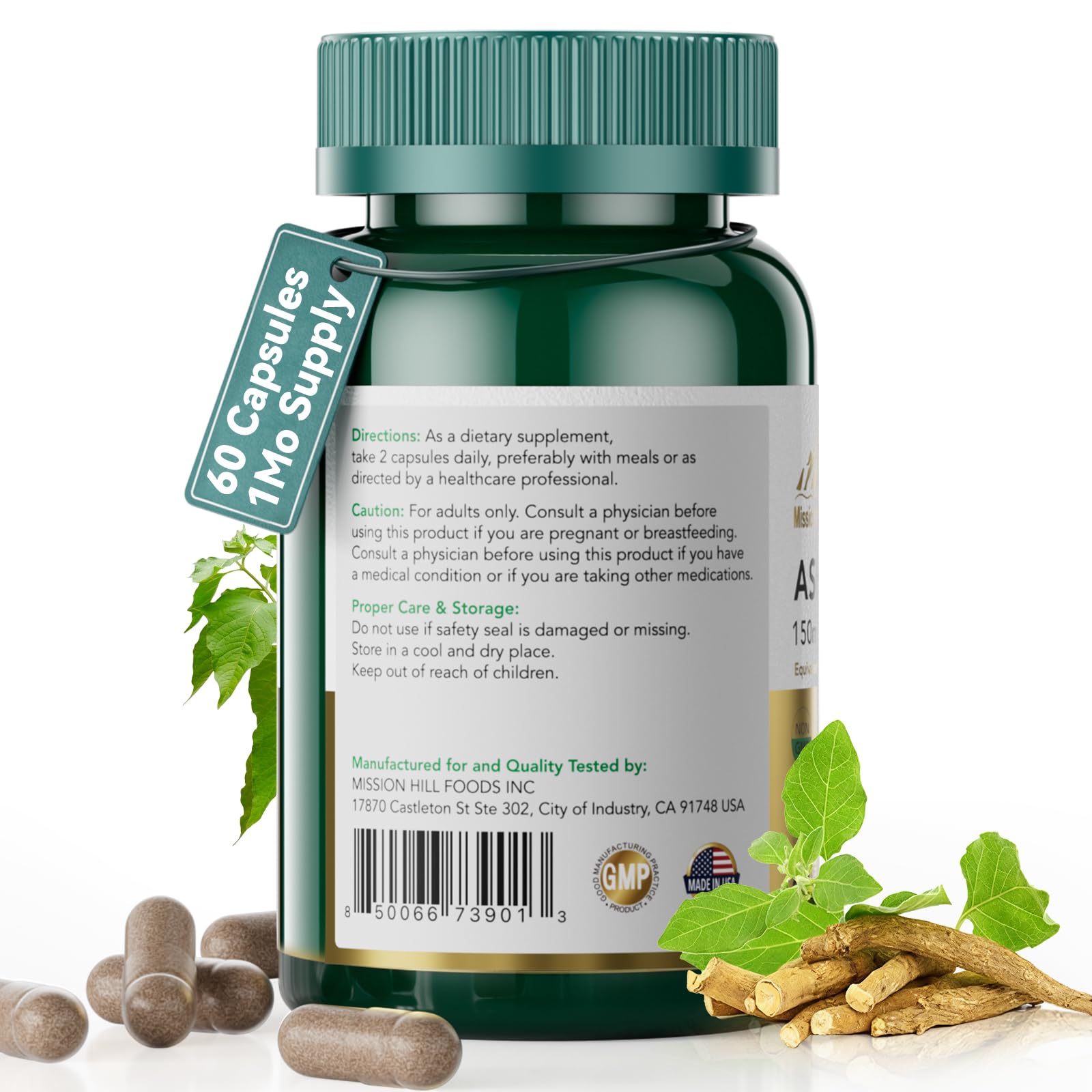 Mission Hill Foods Ashwagandha bottle on shelf with wellness setup.