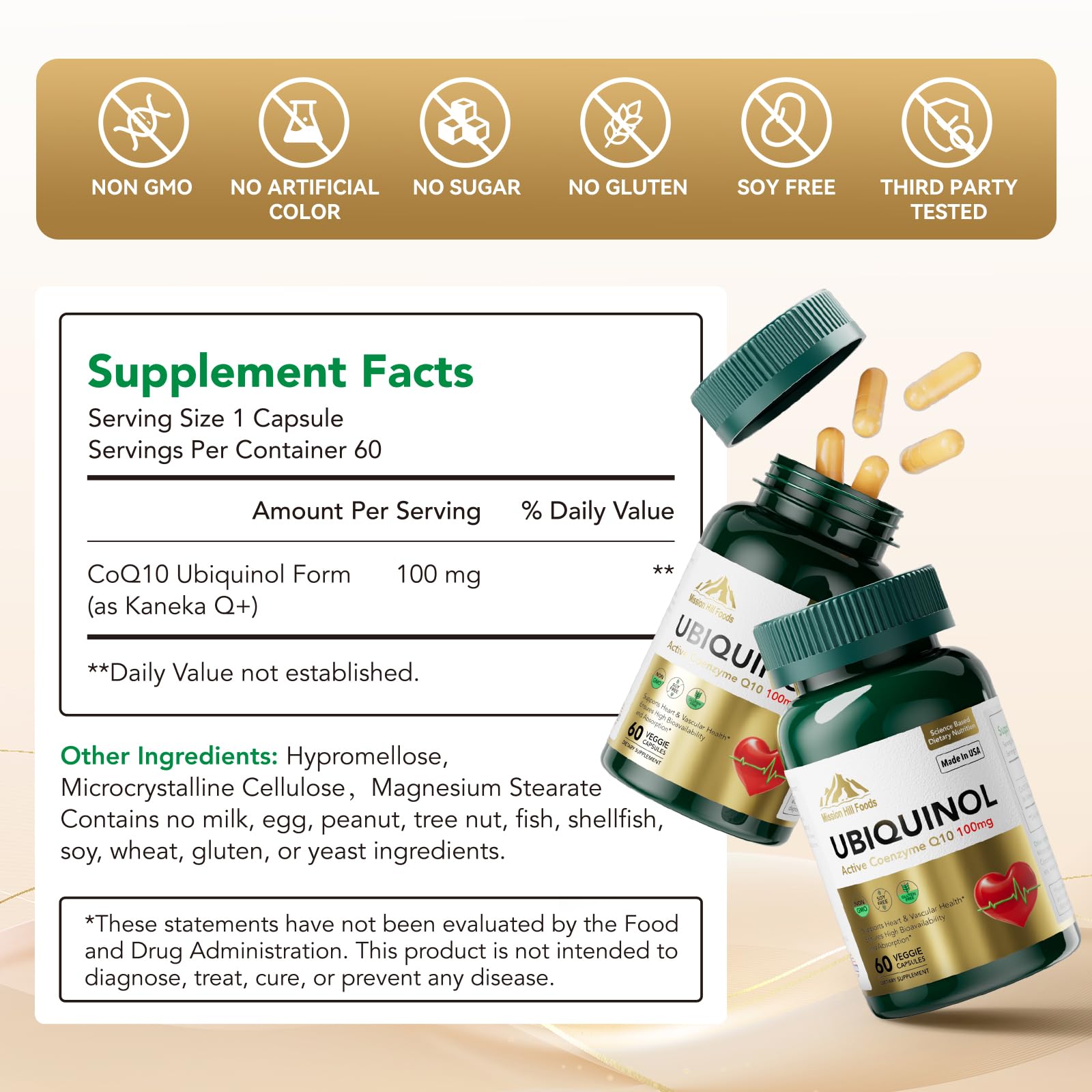 Mission Hill Foods CoQ10 bottle side view with dosage information