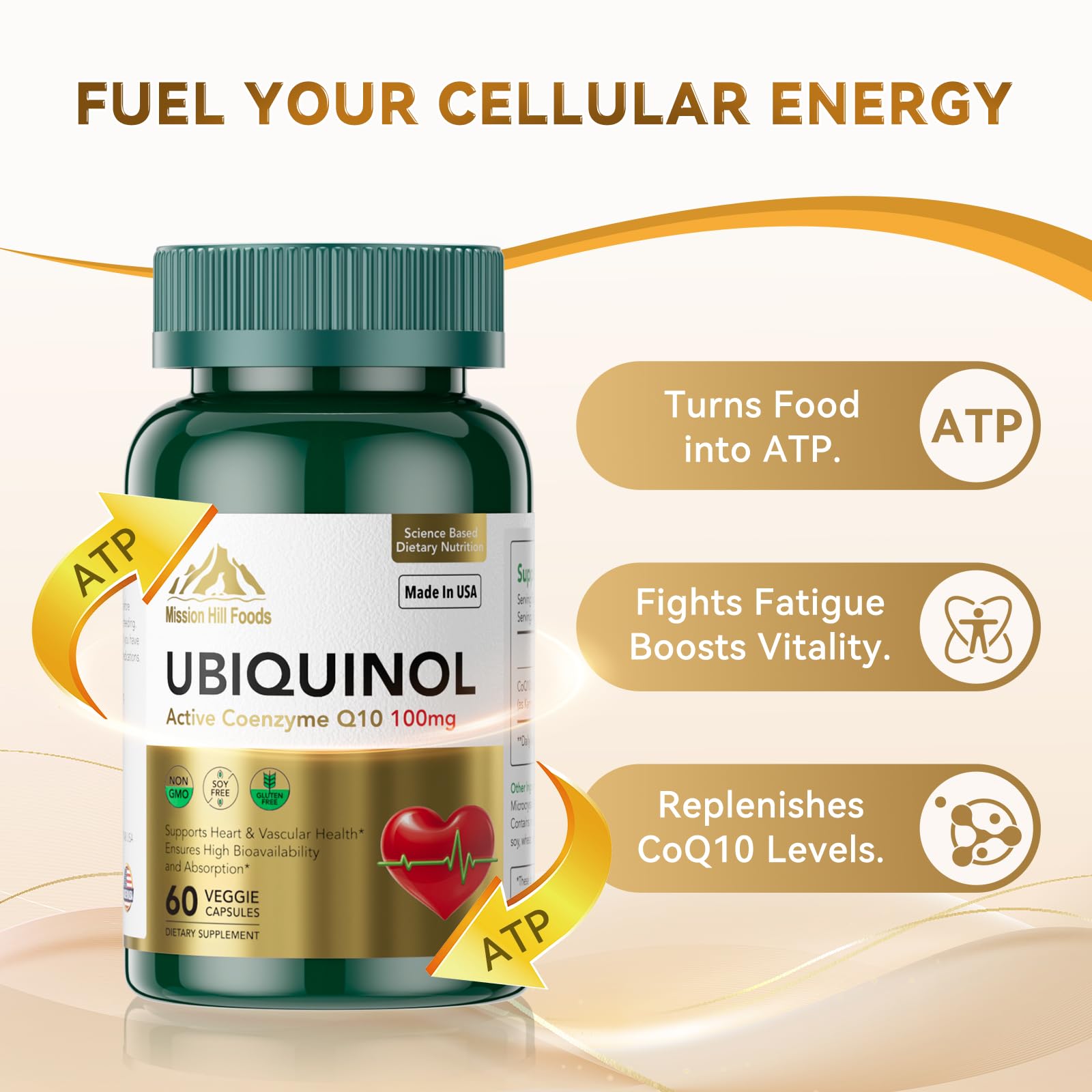 Close-up of Mission Hill Foods CoQ10 softgels capsules