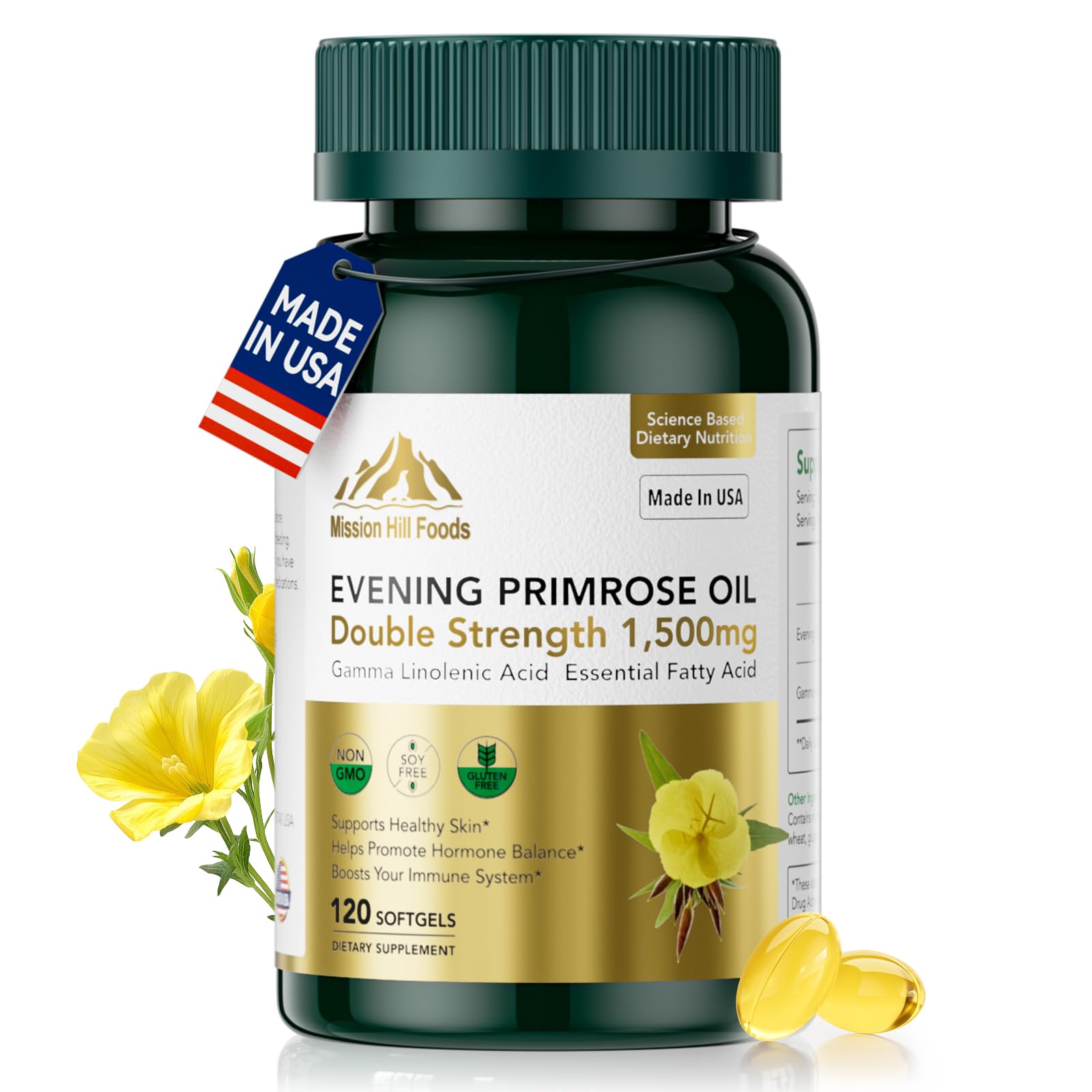 Mission Hill Foods Evening Primrose Oil bottle—potential hormonal support for daily wellness