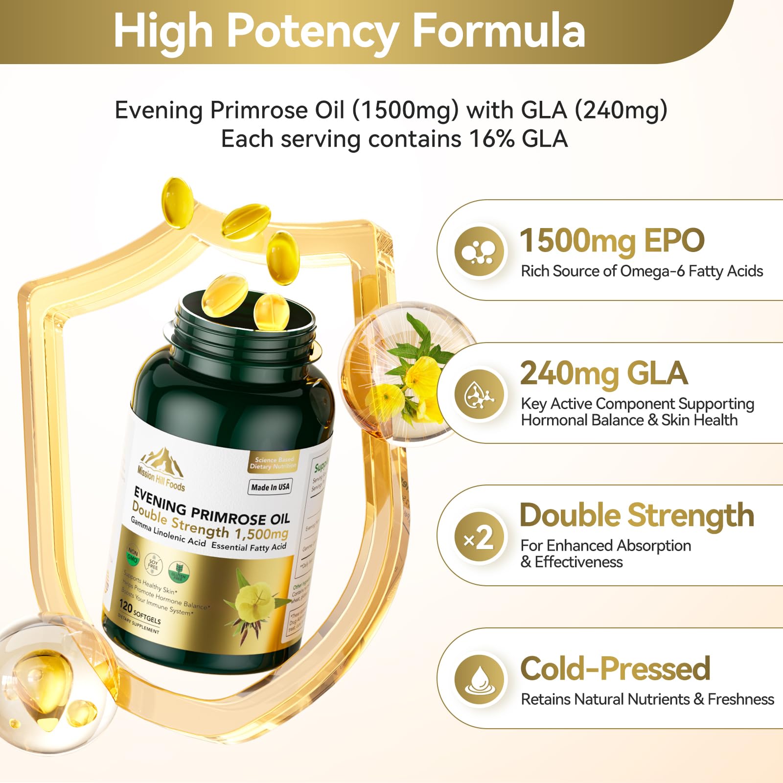 Close-up of Mission Hill Foods Evening Primrose Oil capsules rich in GLA
