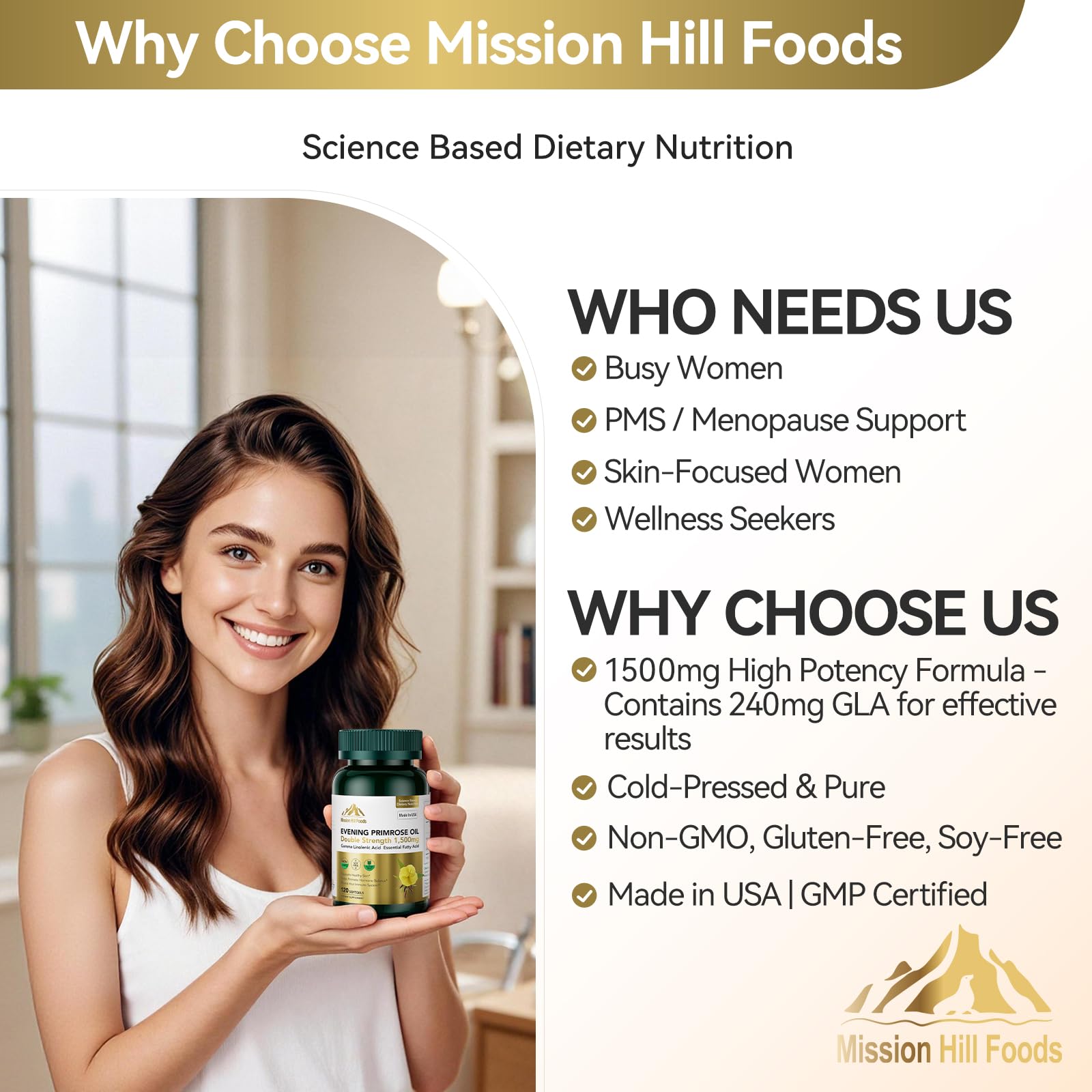 Glass bottle scene of Mission Hill Foods Evening Primrose Oil emphasizing purity