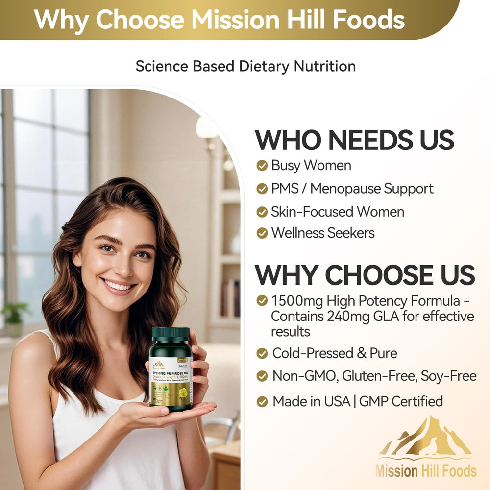 Glass bottle scene of Mission Hill Foods Evening Primrose Oil emphasizing purity
