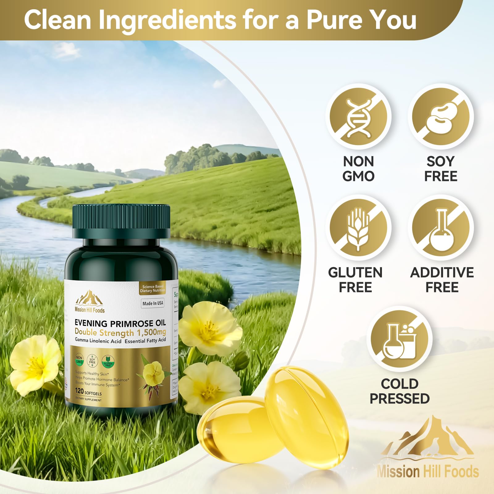 Label on Mission Hill Foods Evening Primrose Oil bottle showing gluten-free and non-GMO claims